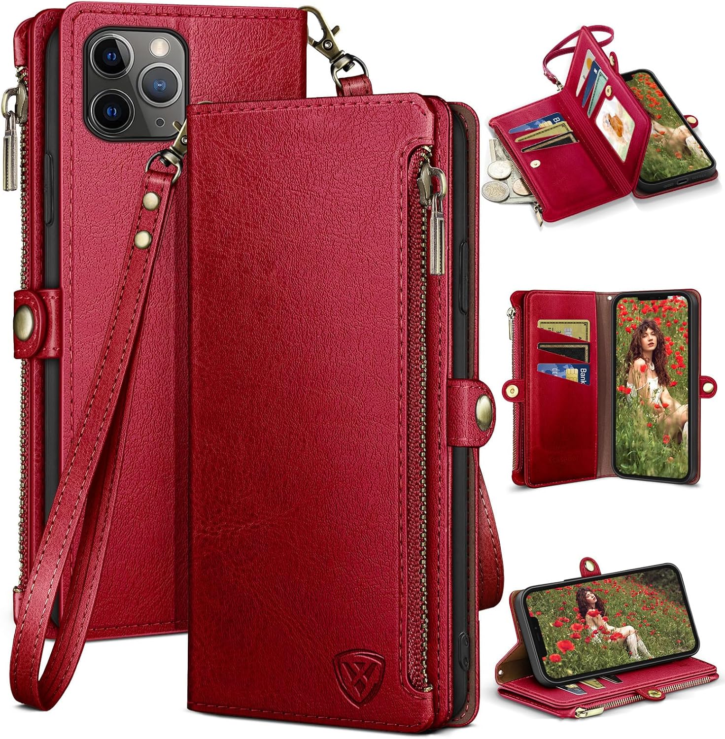 XcaseBar for iPhone 11 Pro Max 6.5" Wallet case with Zipper Credit Card Holder【RFID Blocking】, Flip Folio Book PU Leather Phone case Shockproof Cover Women Men for apple 11 ProMax case Red