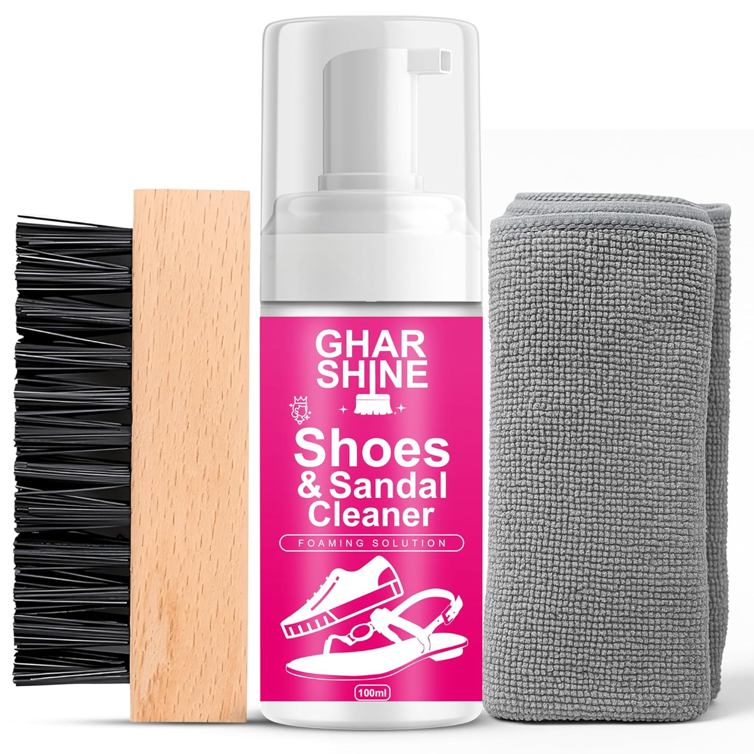 GharShine Shoe & Sandal Cleaning Foaming Solution (100ml) with Brush & MFC Cloth | White Shoe Cleaner For All Materials | Shoe Cleaning Kit For All Types of Shoe, Sneaker, Men, Women & Kids Footwear