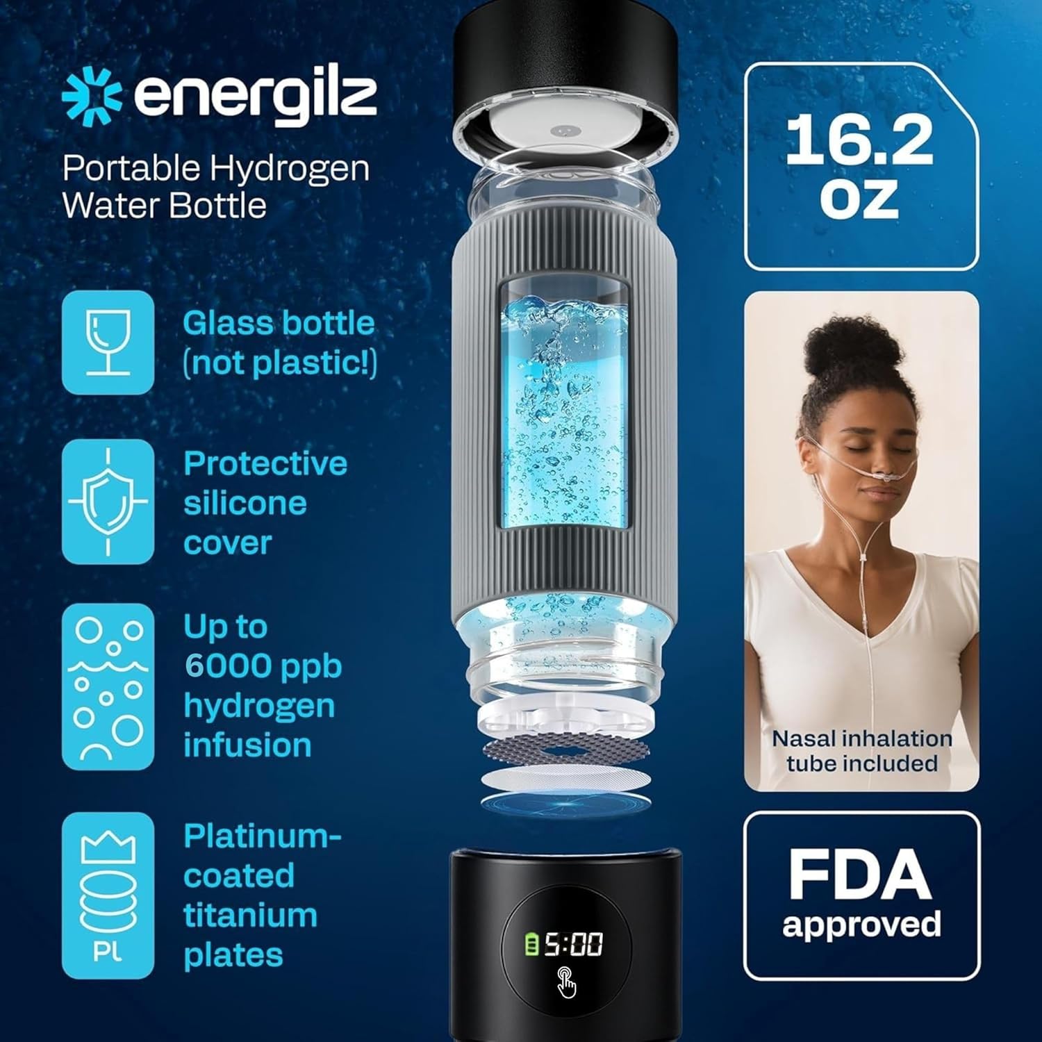 Hydrogen Water Bottle | 16.2 oz (480 ml) Hydrogen Water Generator | 6000 PPB Hydrogenator Machine | SPE/PEM Ionizer Generator (Black)
