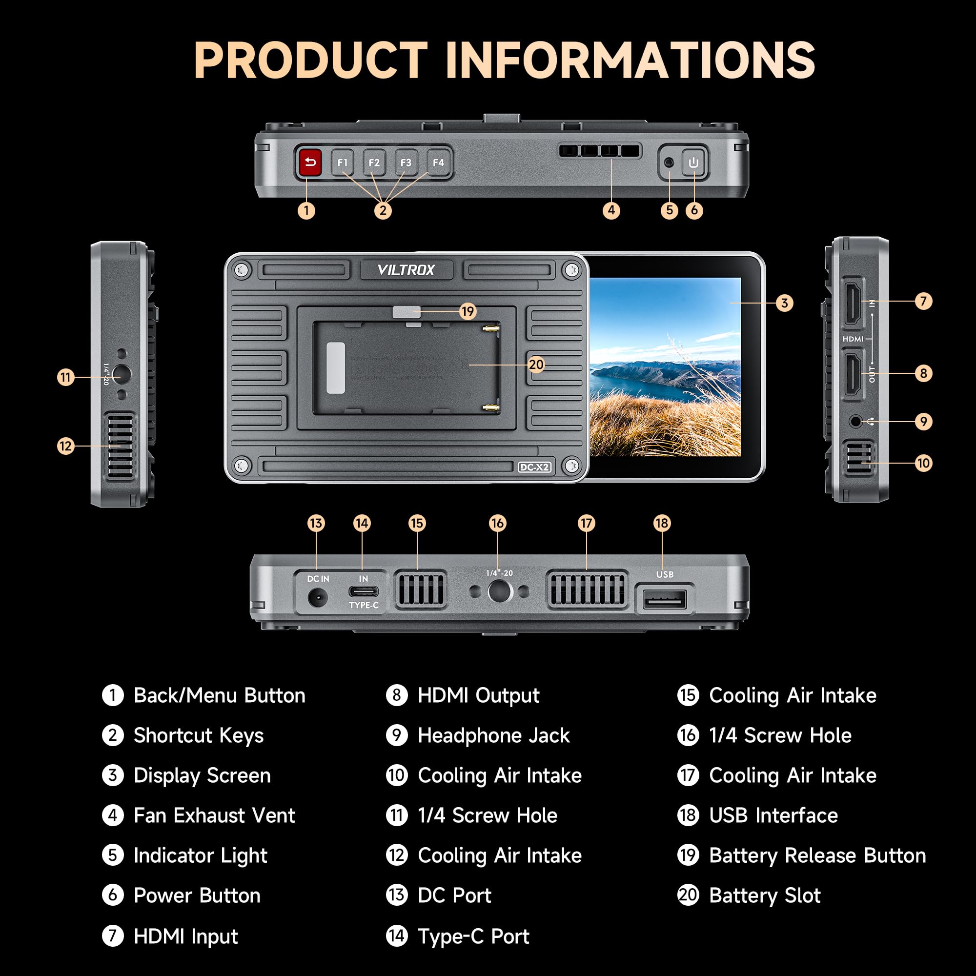 VILTROX DC-X2 2000 Nit Monitor da campo per fotocamera, 6 pollici 4K HDMI Loop in/Out 3D Lut Full Waveform 1920X1080 HD IPS Touchscreen DSLR Monitor video per fotocamera con parasole 2200mAh Batteria