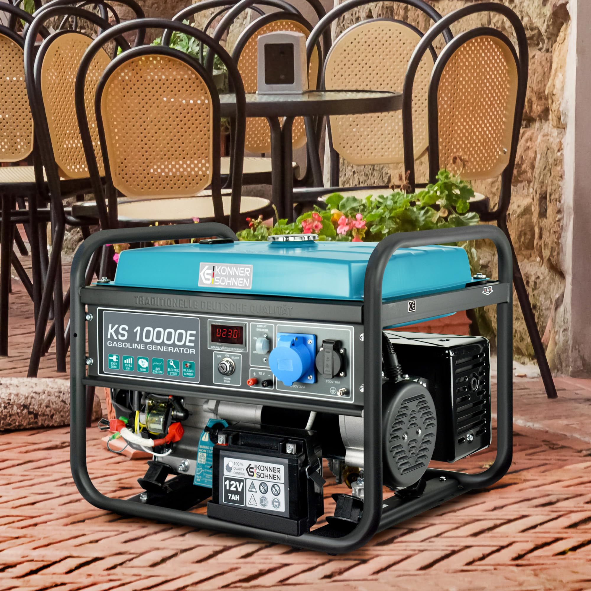 Générateur à essence KS 10000E, puissance maximale 8000W, generateur de courant, prises 1x16A, 1x32A (230V), moteur EURO-V, régulateur de tension automatique (AVR) power station