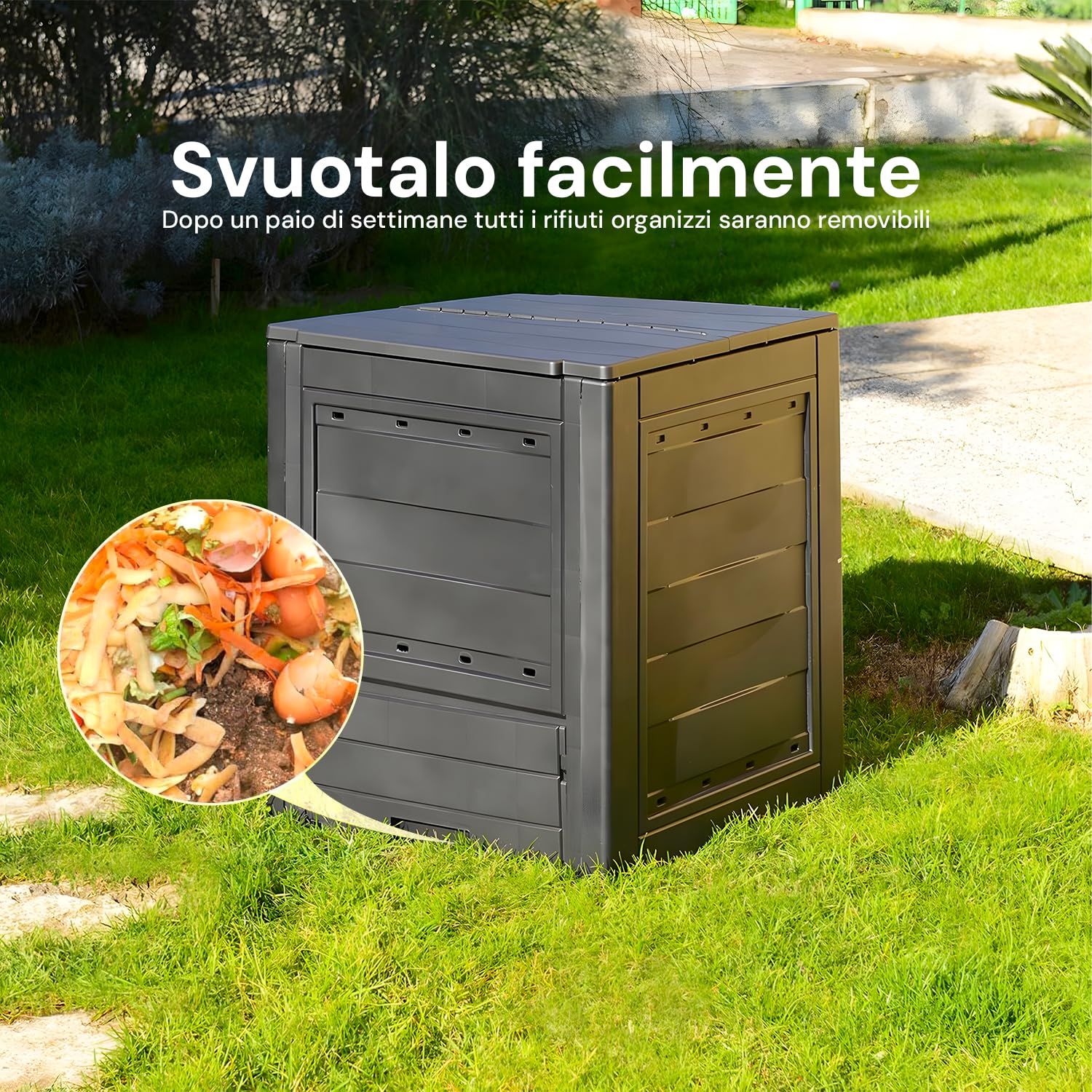 Avilia Compostiera da Giardino 260L - Contenitore per Compostaggio con Accesso Frontale, in Polipropilene, Design Compatto 60x60x73cm, Ideale per Balcone - Terrazzo - Giardino Antracite, Made in Italy