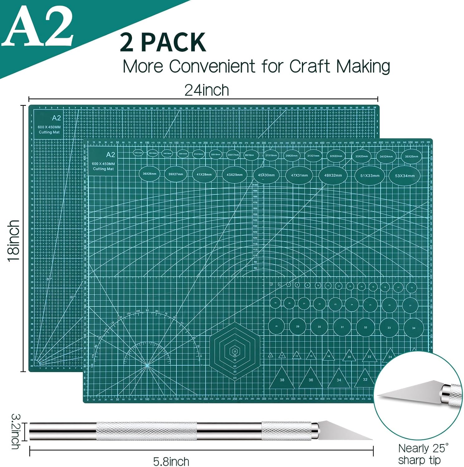 Nuanchu 2 Pcs 18" x 24" Self Healing Double Sided Cutting Mat with 2 Metal Engraving Pens, Non-slip PVC A2 Sewing Mat for Crafts, Table Cutting Board for Fabric Leather Quilting Modeling Hobby Project
