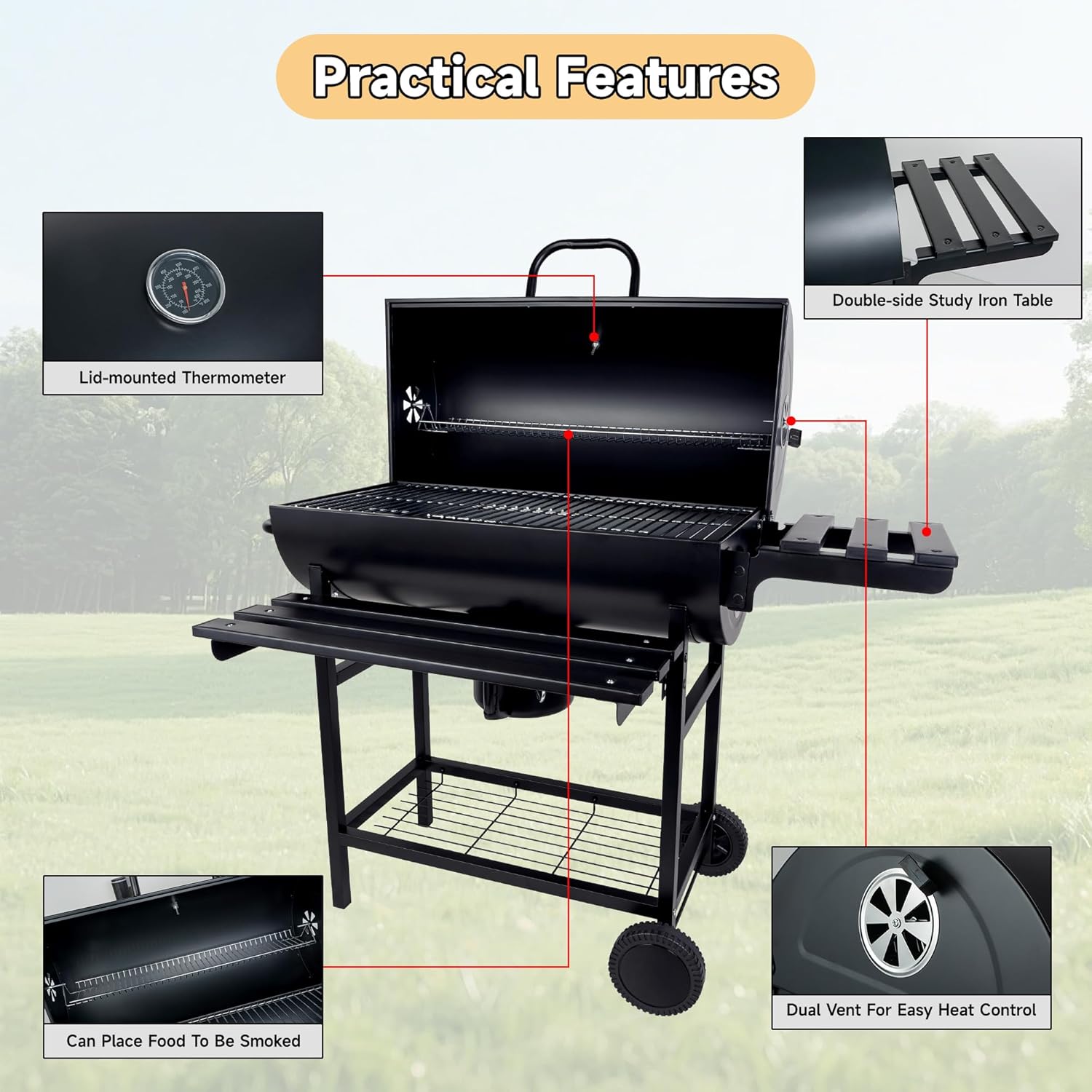 Charcoal Grill with Lid, 27" Outdoor BBQ Grill with Thermometer, Side Shelves, Wheels & Ash Catcher, Large Barrel Charcoal Smoker for Backyard, Camping & Outdoor Cooking