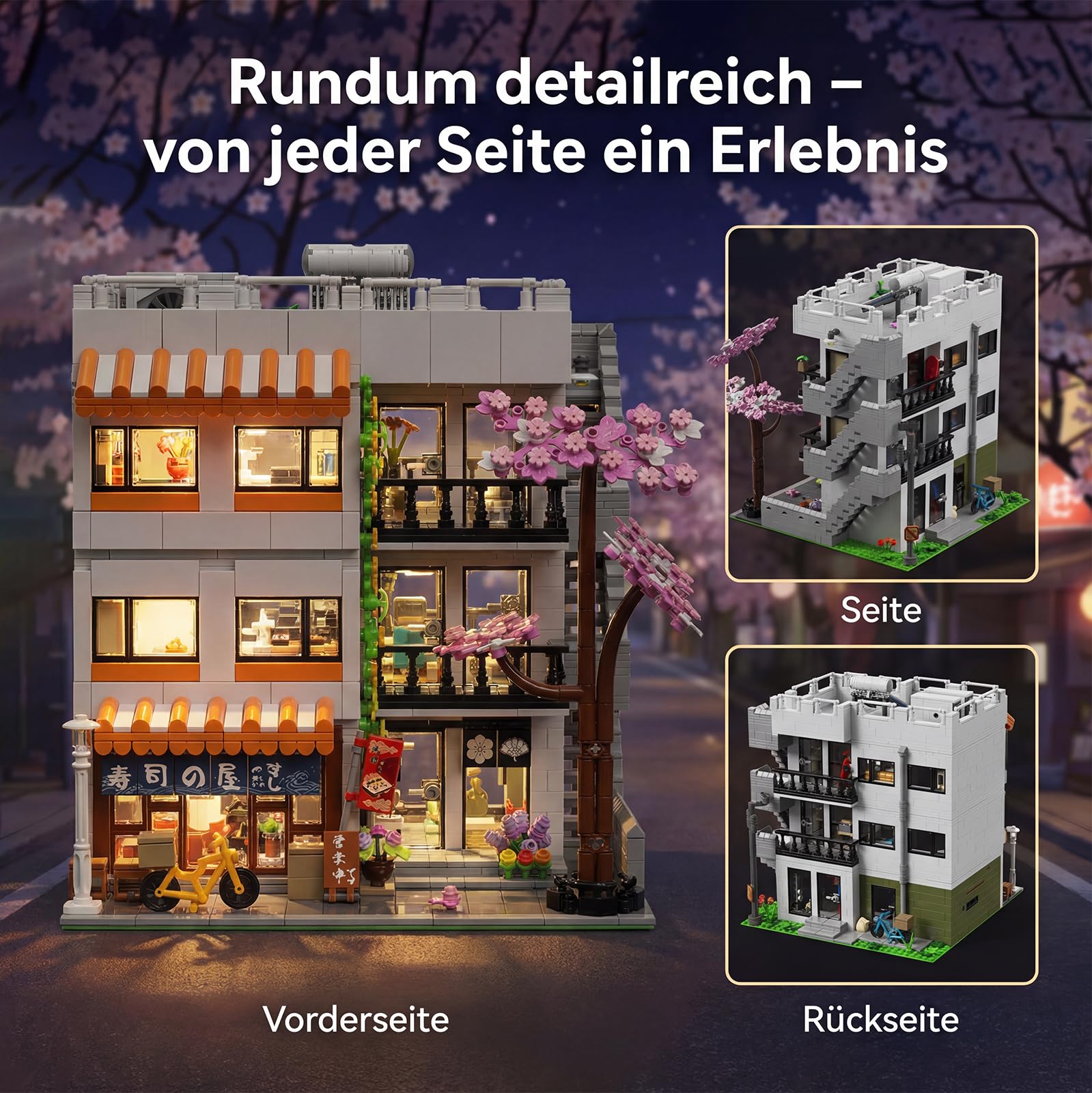 Klemmbausteine Japan Haus mit Licht & 5 Figuren - 3911 Teile Japanische Apartment & Sushi Haus Modular Building, Architektur Bausteine Set mit Kirschblüten für Erwachsene Youmko YM003