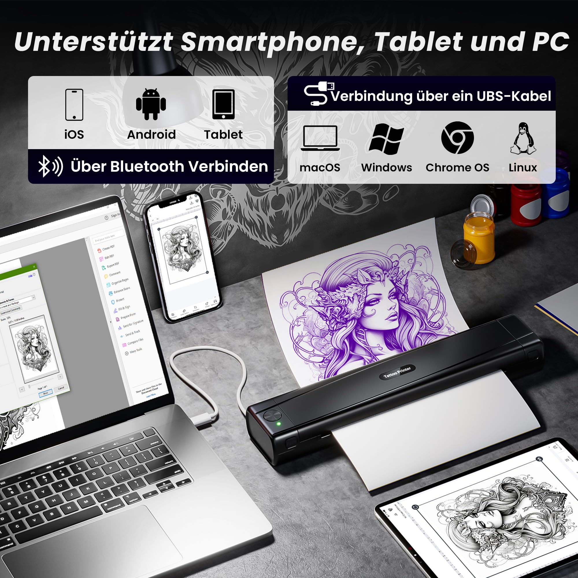 TATTMUSE Tattoo Drucker Bluetooth, Schablone Drucker mit 10 Stück Papier, A887 Stencil Drucker mit Smartphone & PC, Tattoo Transfer Nadeldrucker für Tattoo Künstler und Anfänger, Schwarz