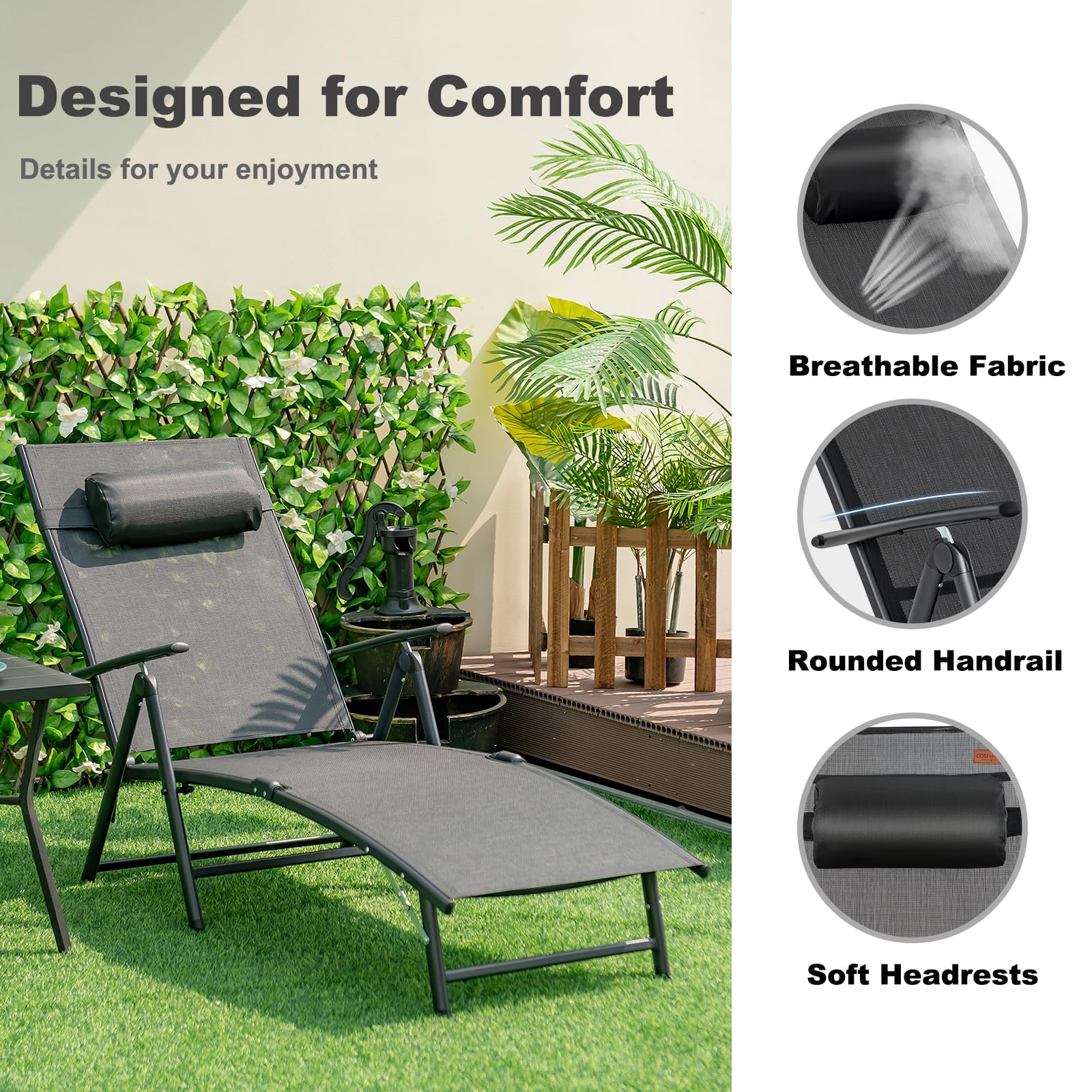 KOMFOTTEU Sedia a sdraio con poggiatesta, lettino pieghevole con schienale regolabile in 7 posizioni, carico 150 kg, sedia da esterno ergonomica con braccioli, 142 x 61 x 103 cm (nero)