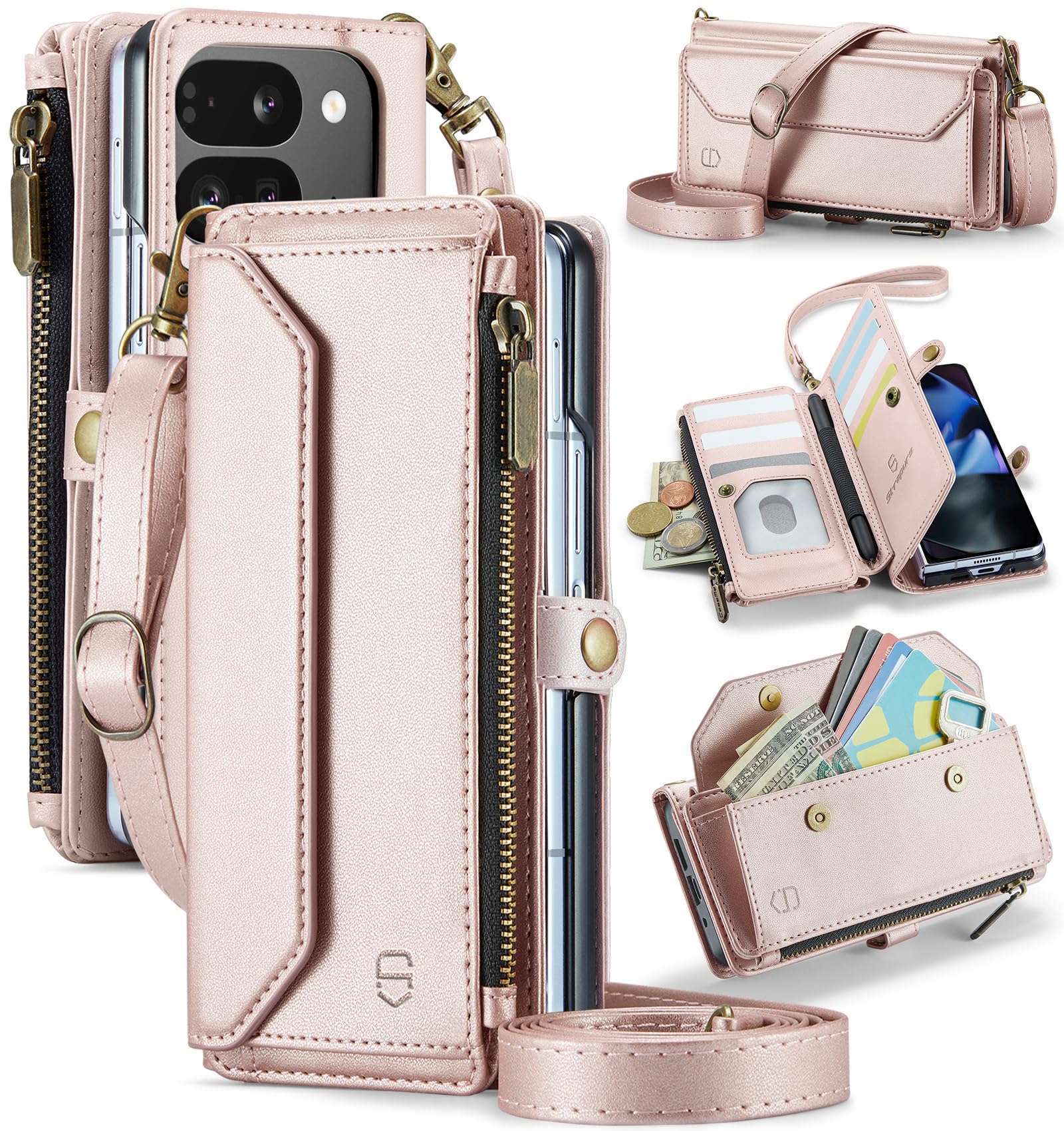 Strapurs Crossbody Wallet Case Compatible with Google Pixel 9 Pro Fold RFID Blocking 10-Card Holder Soft PU Leather Magnetic Snap Shoulder Strap