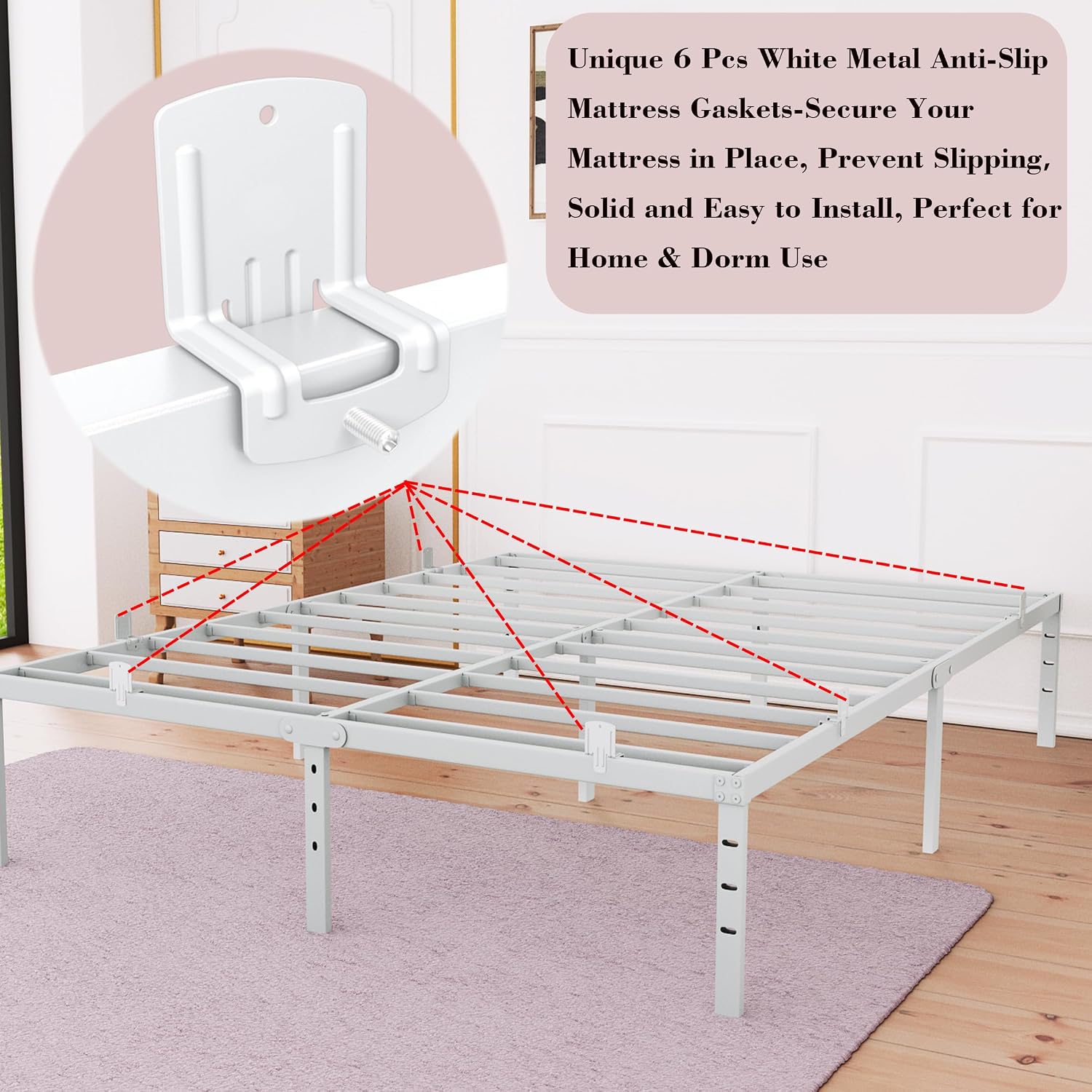 Unique 6 Pcs Metal Anti-Slip Mattress Gaskets, White | Secure Mattress in Place, Prevent Slipping, Solid and Easy to Install, Perfect for Home & Dorm Use