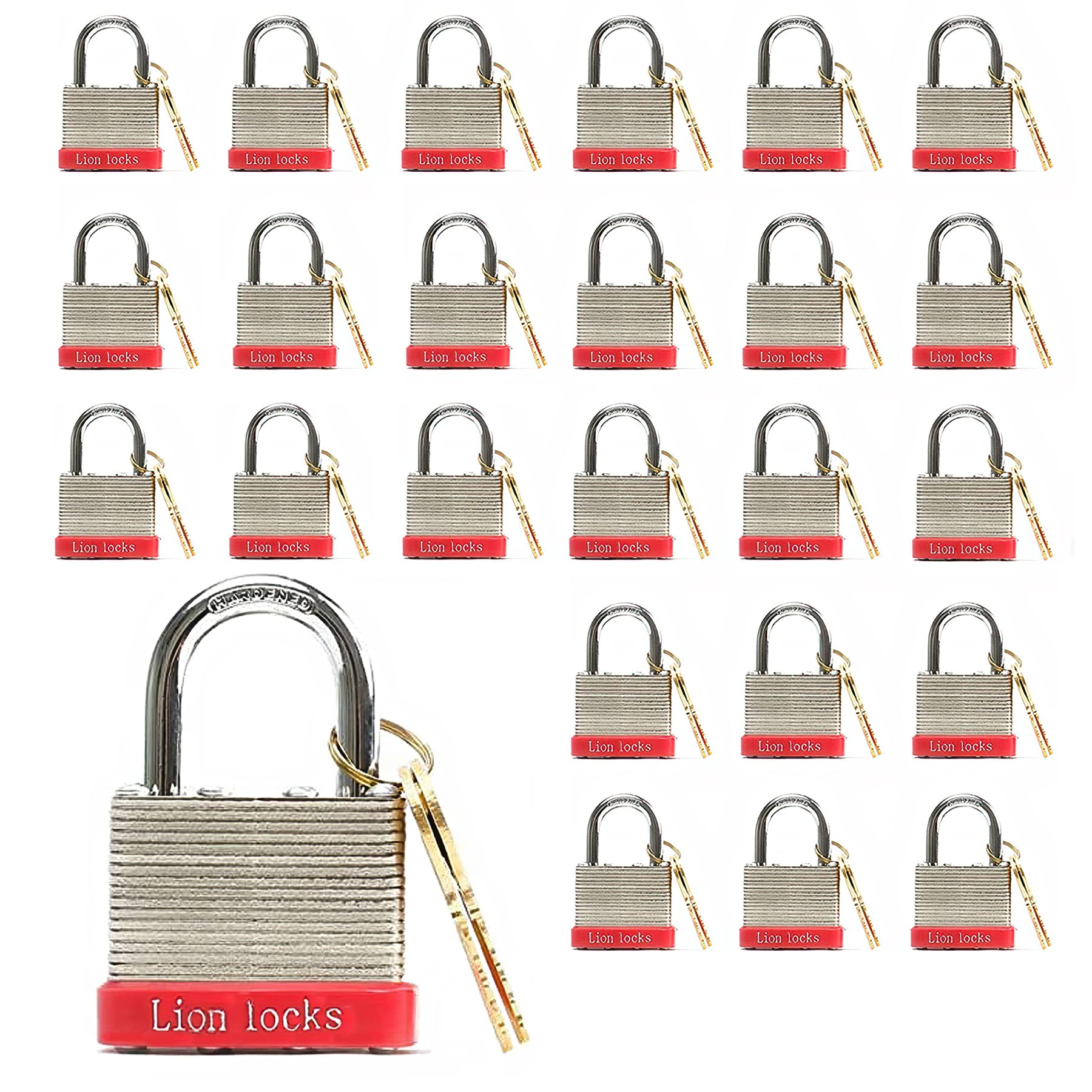 Lion Locks24 Keyed-Alike Padlocks w/ 1.25” Shackle, 48 Keys, Hardened Steel Case, Brass Cylinder (24-Pack) - for Hasp Latch, Sheds, Fences, Storage Locker, School, Gym