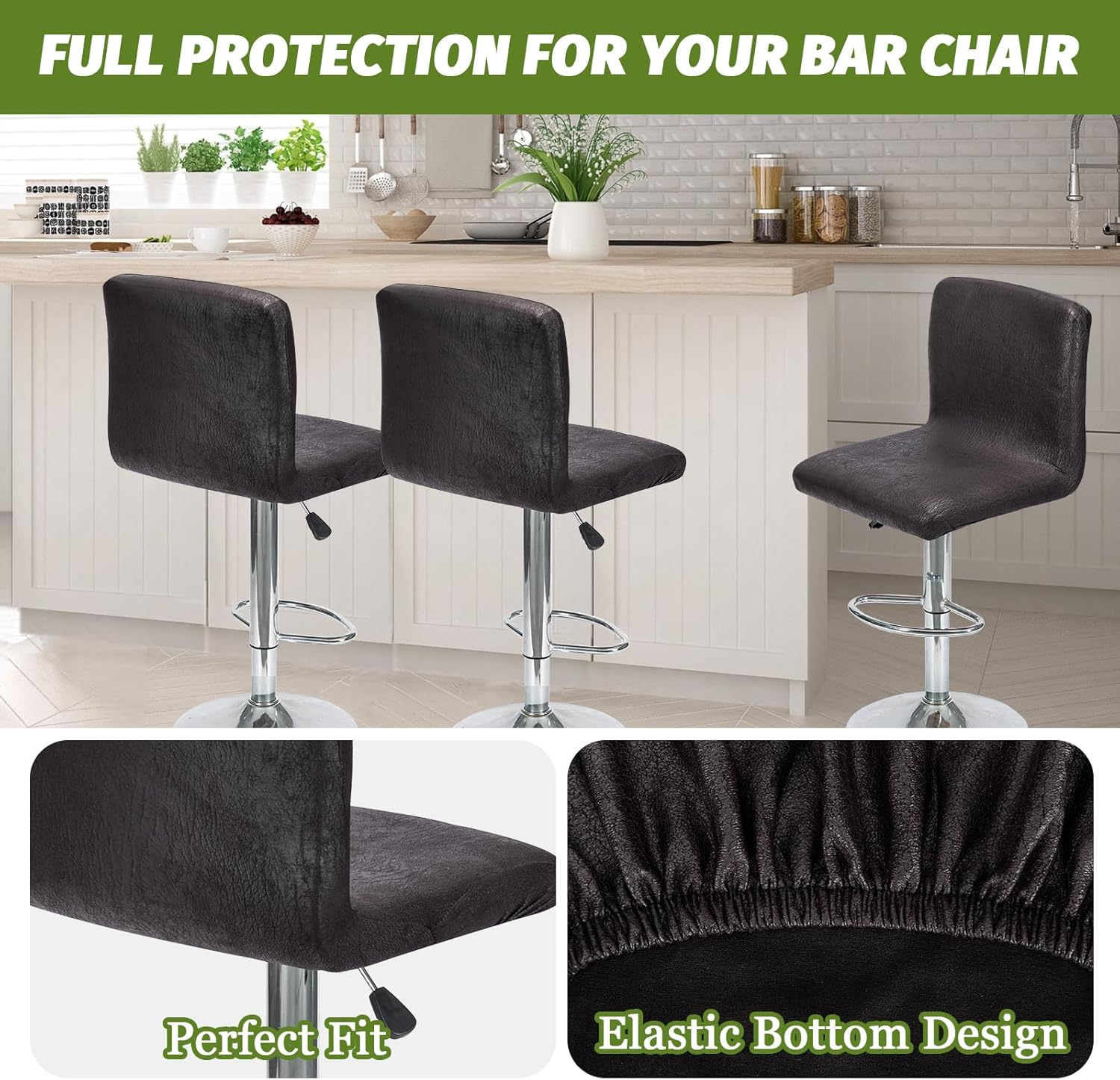 FUANGUI Bar Stool Covers Set of 4, Faux Leather Looking Stretch Bar Stool Chair Cover Slipcovers, Counter Stool Bar Chair Covers for Kitchen Pub Dining Room Retro Style Home Deco- Black