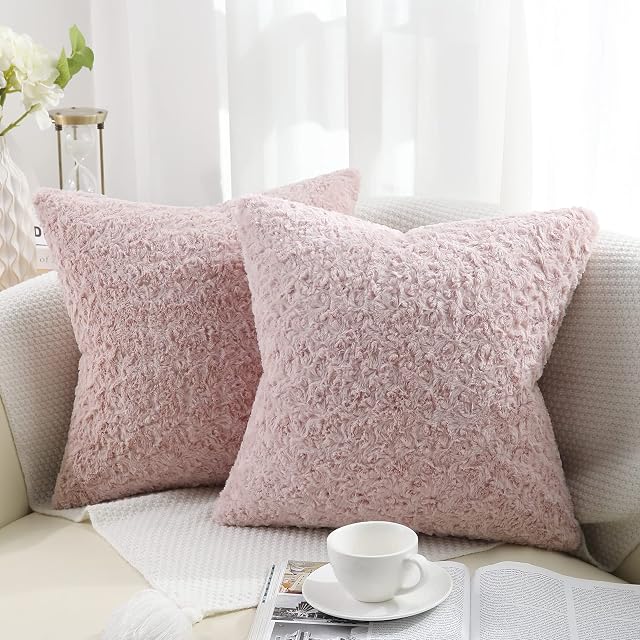 decorUhome Set of 2 Fur Cushion Covers Decorative Faux Fur Pillow Case for Sofa, Pink, 18 x 18 inch/45x45cm