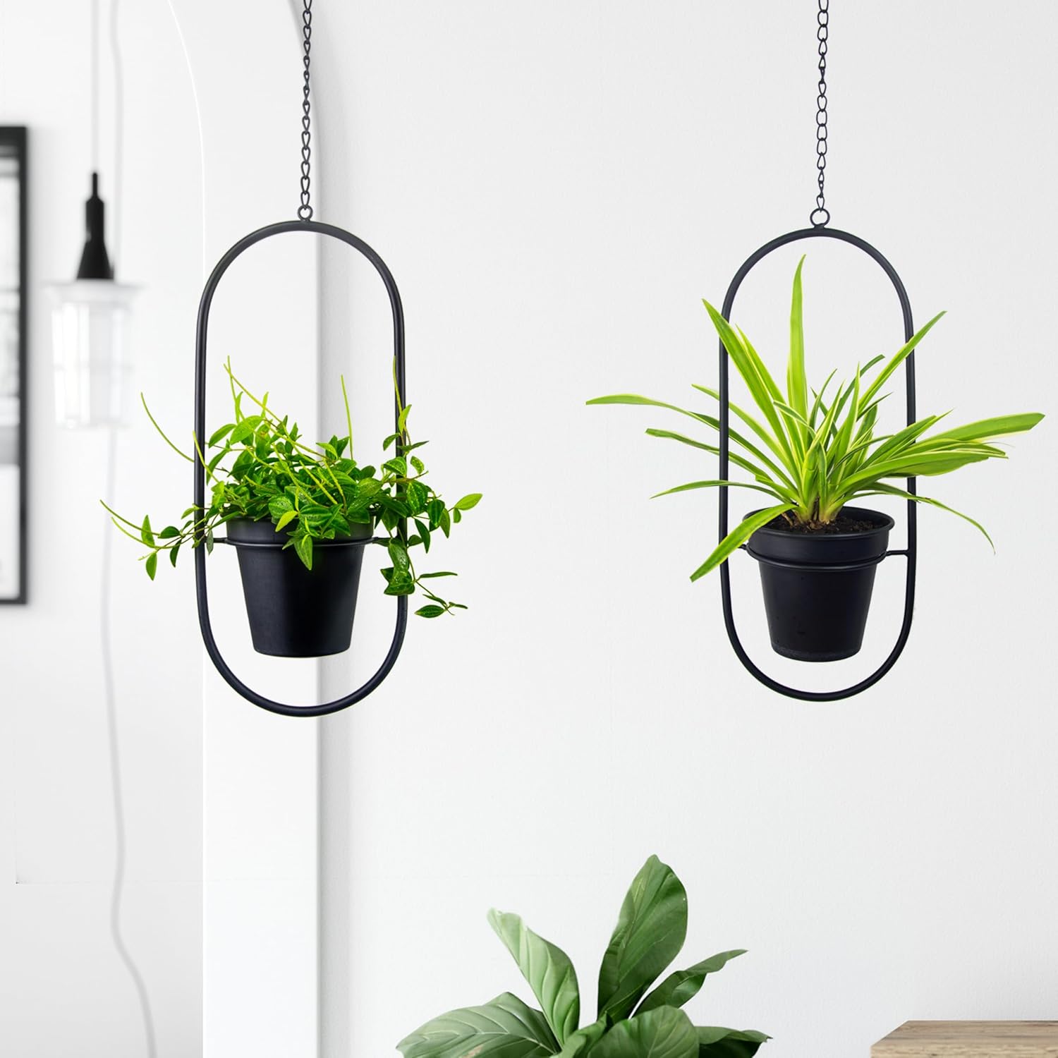 Modern Metal Hanging Planters with 5 Inch Pots - Set of 2 Oval Geometric Plant Hangers - Black Wall and Ceiling Mount Flower Holders for Indoor and Covered Outdoor Houseplants