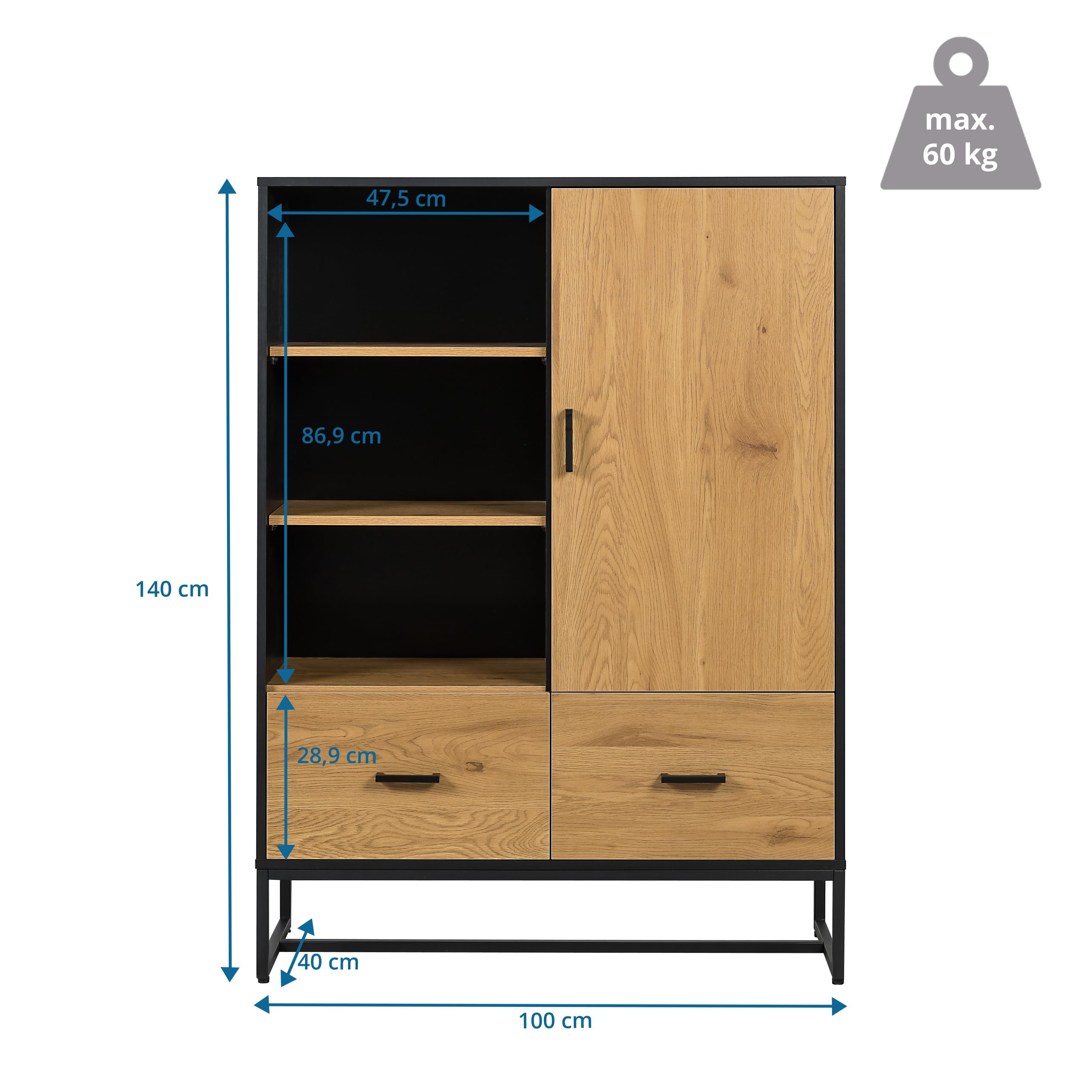 Highboard mit 2 Schubladen und Türe 100x40x140 cm AMIO H Regal Büroschrank mit viel Stauraum, Einlegeböden verstellbar, Schwarz/Eiche