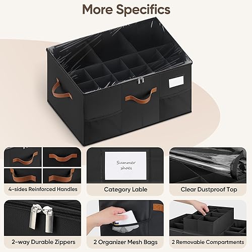 Miniatura 4 de Organizador de zapatos para armario, paquete de 2 contenedores de almacenamiento de zapatos con divisores ajustables, cajas organizadoras de