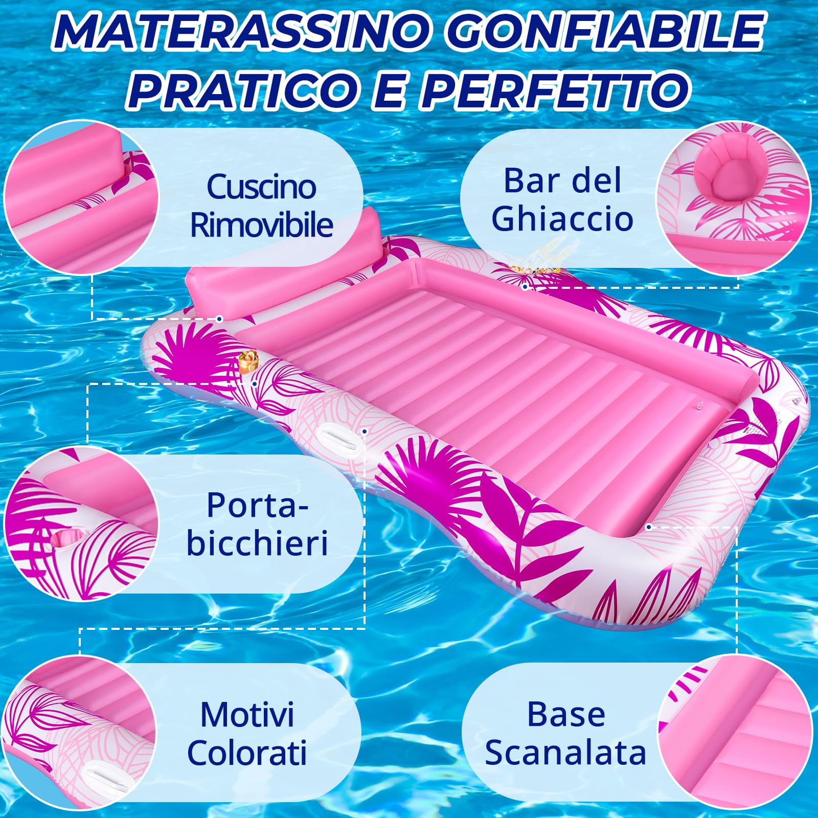 BuzzoXerex Materassino Gonfiabile Piscina Doppio Grande Adulti con Poggiatesta e Portabibite
