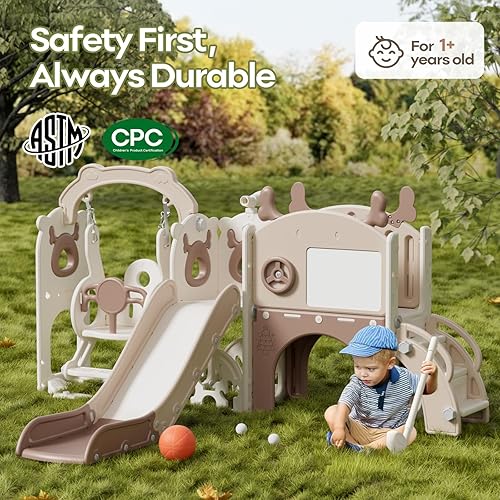 Miniatura 8 de Mloong Juego de toboganes y columpios 12 en 1 para niños pequeños de 1 a 3 años, para interiores y exteriores, con aro de baloncesto, golf, de fácil