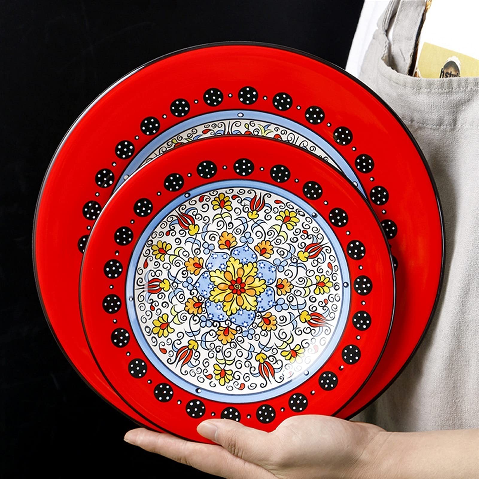 Miski do serwowania talerz ceramiczny salaterka materiał kreatywny zachodni talerz jedzenie siatka czerwony talerz okrągły talerz obiadowy rodzina talerz do steków miska na ryż miska na płatki (kolor: A)