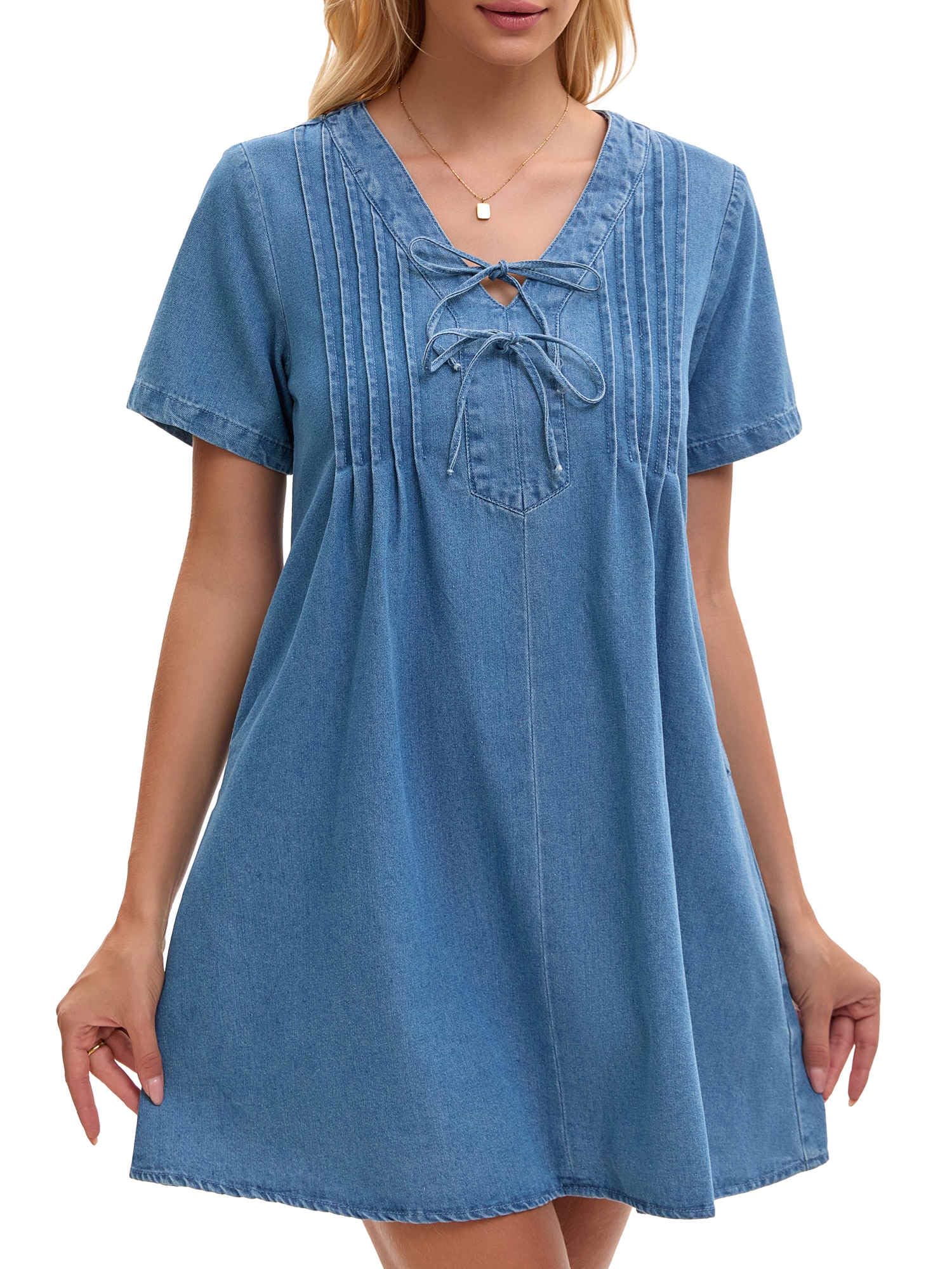 Photo 1 of ** STOCK PHOTO SIMILAR NOT EXACT ** Women's Denim Dress Short Sleeve V Neck with Pockets Casual Mini Jean Dresses Medium