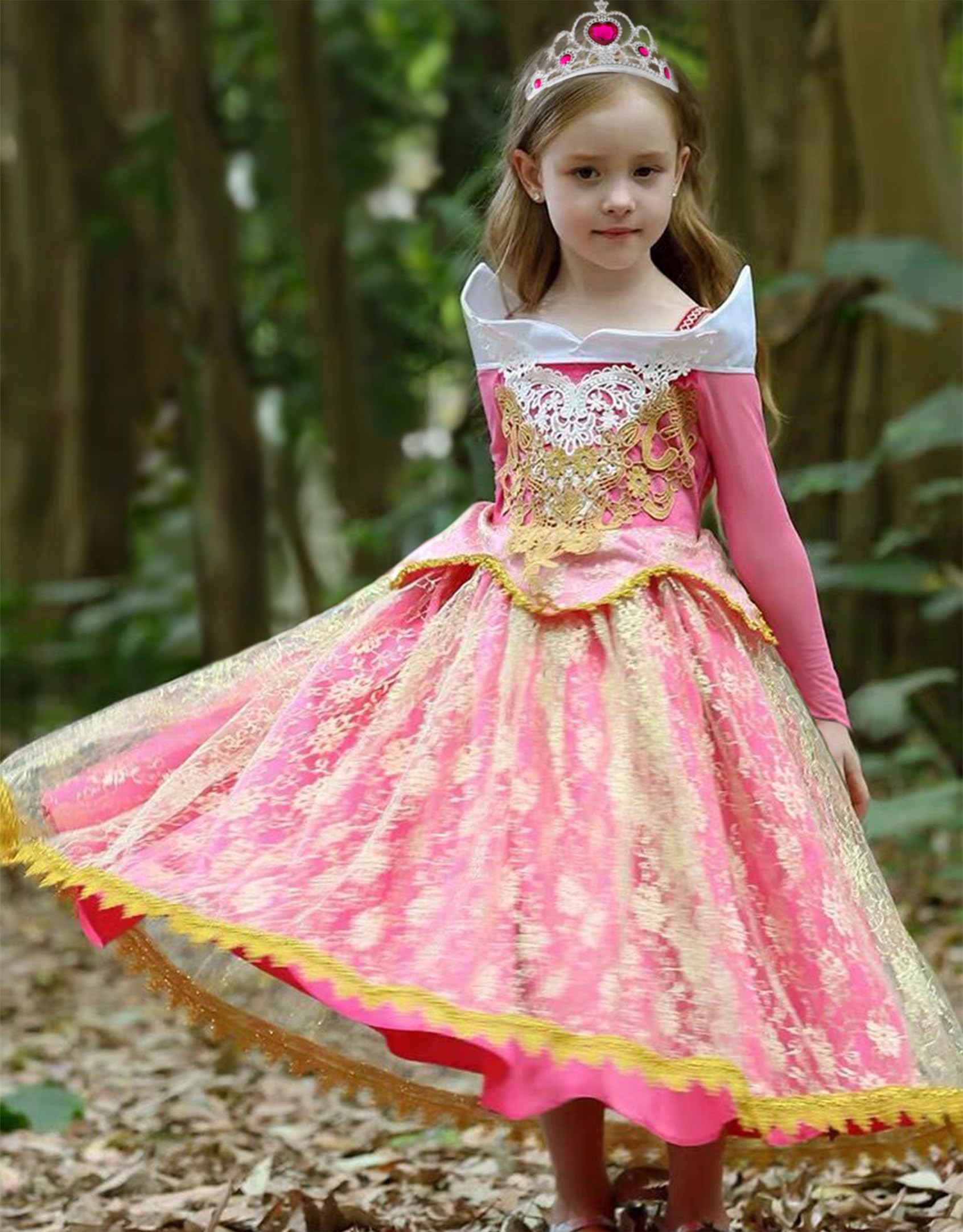 Aoiviss Disfraz de Princesa Rosa para Niña Vestido de Princesa de Encaje Disfraz de Fiesta Cumpleaños con Accesorios 110