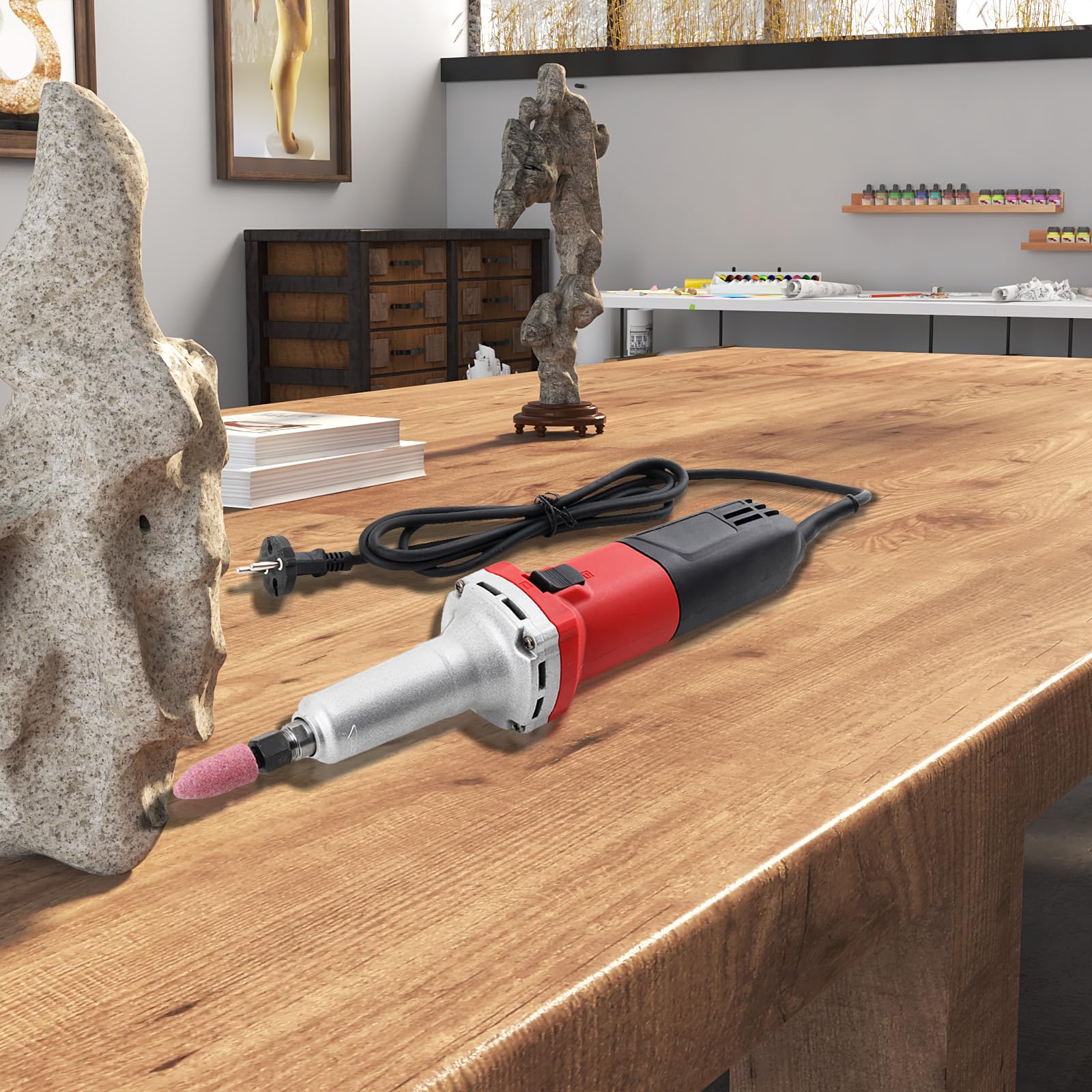 Geradschleifer 750W, 0-27000 U/min Meuleuse Barre avec Régulateur de Vitesse, Ponceuse avec 14 Accessoires, Spanner Ø 6mm Étanche Silencieuse pour Meuler, Polisser, Découper