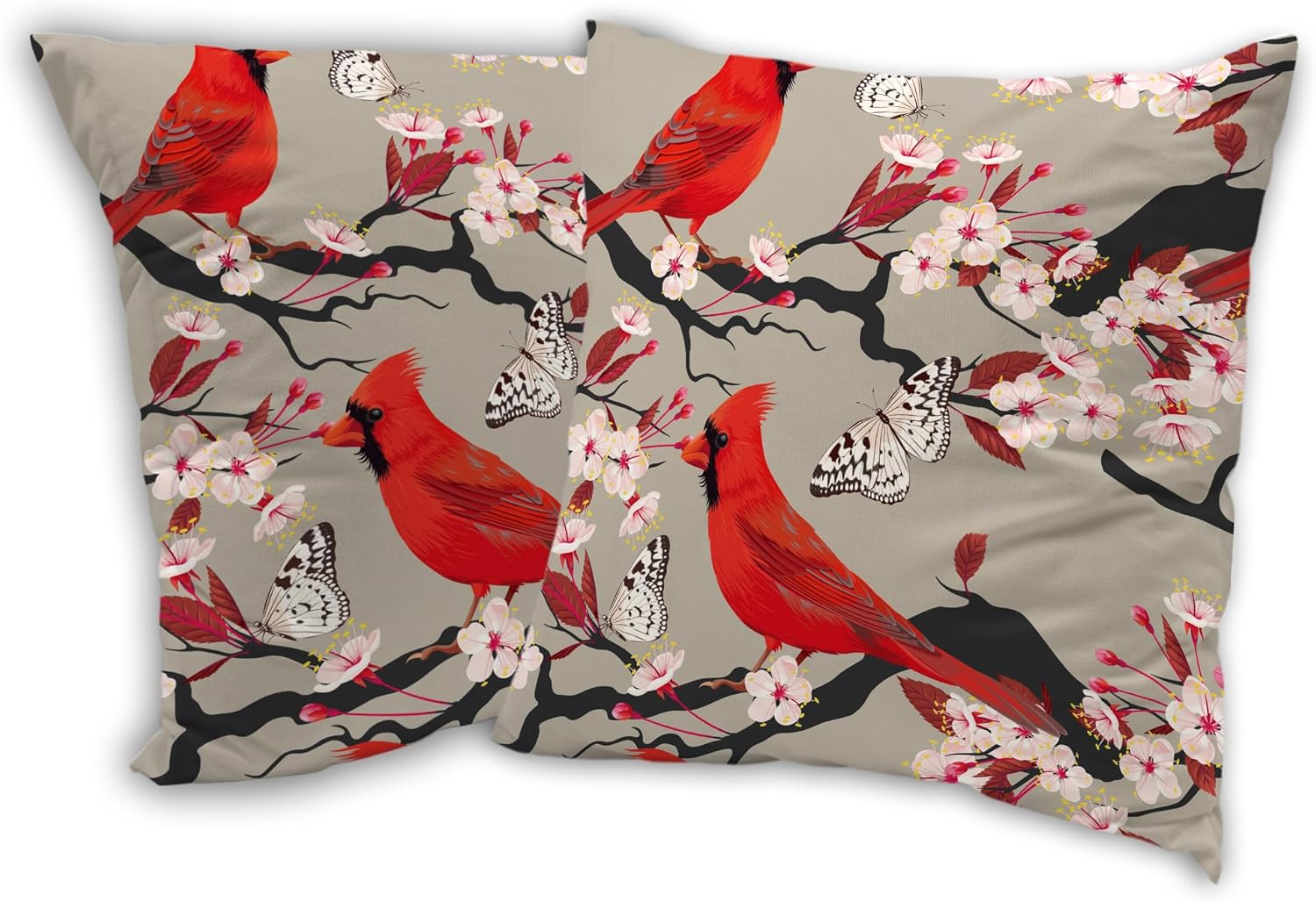 SKYDAWNY Red Cardinal Bird Throw Pillow Covers 18x18 in Set of 2,Cherry Blossom