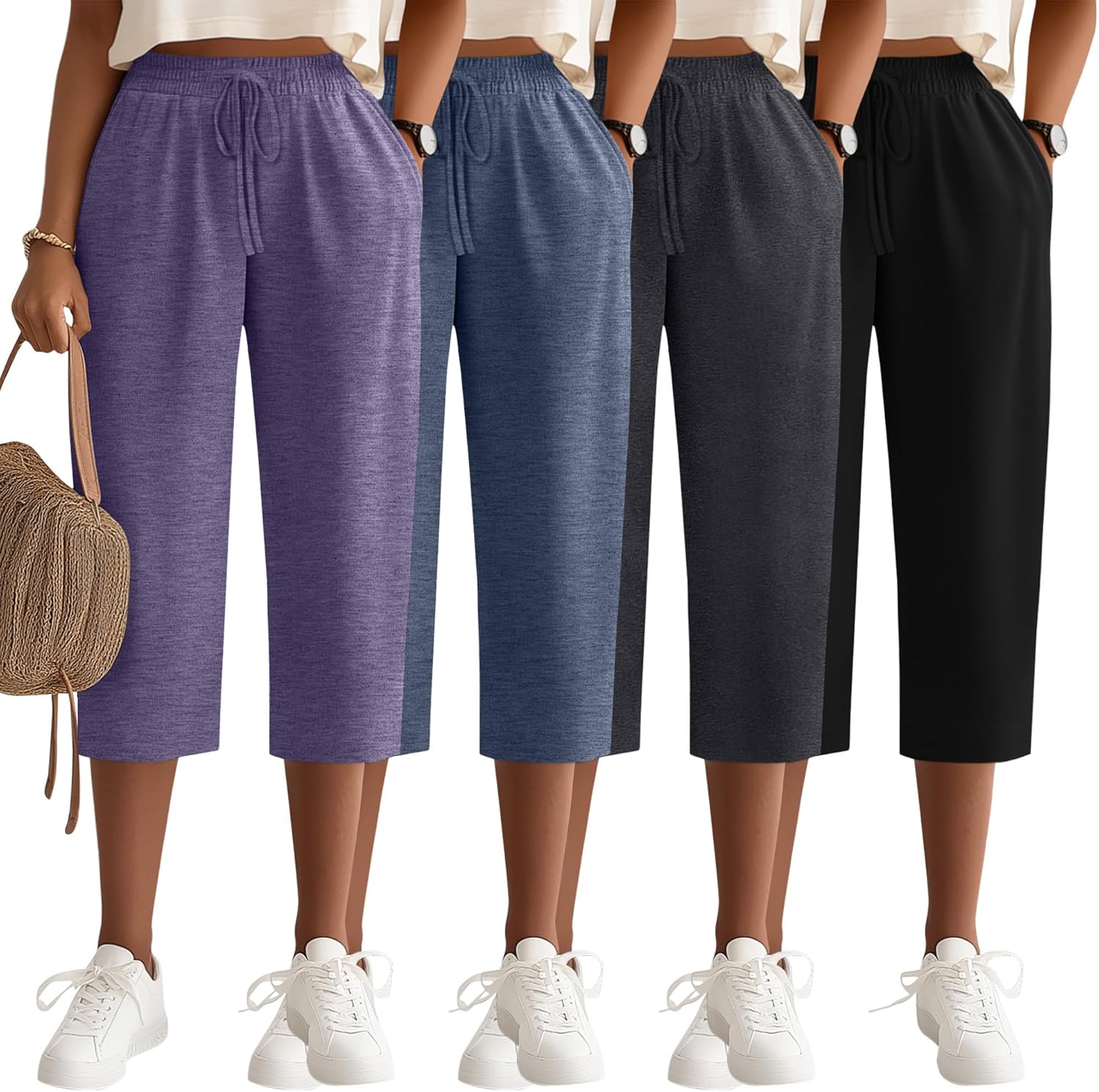 Neer 4 Pack Women's Capri Pants Wide Leg Yoga Capri Sweatpants Drawstring Summer Lounge Loose Fit Cropped Pants with Pockets
