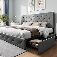 Vista 80 de WEEWAY Base de cama de plataforma de tamaño matrimonial con 4 cajones de almacenamiento, cabecera capitonada con botones de costura de diamante
