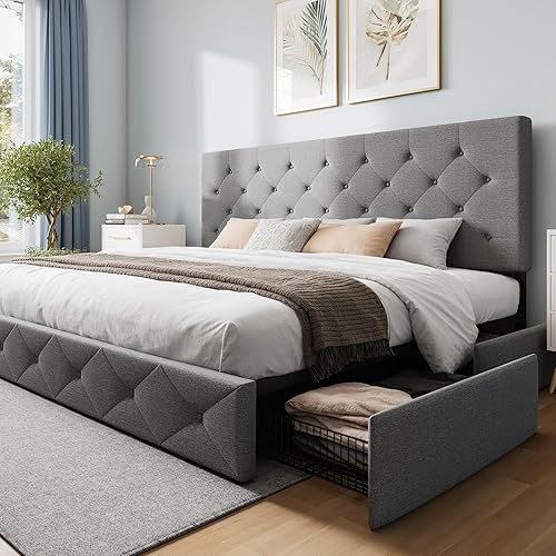 Miniatura 80 de WEEWAY Base de cama de plataforma tamaño Queen con 4 cajones de almacenamiento, cabecera capitonada con botones de costura de diamante, base de