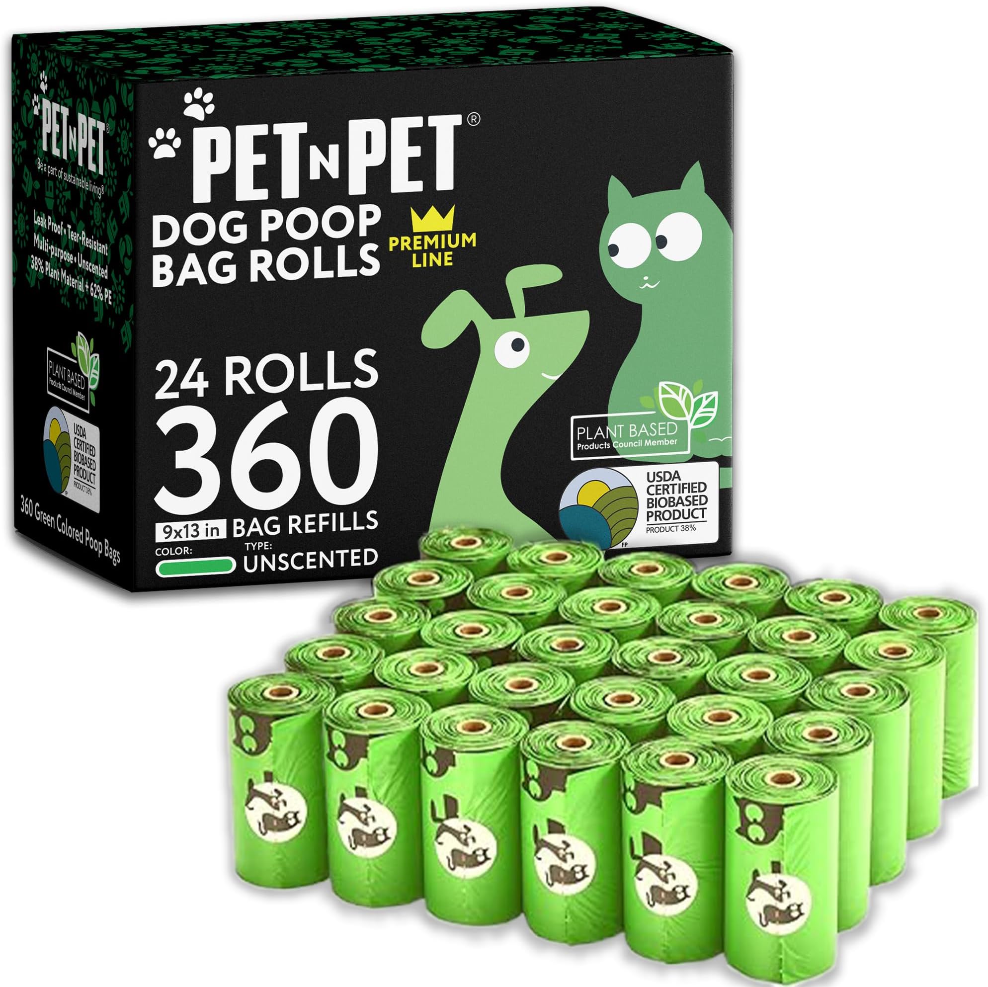Pet N Pet 360 Counts, Unscented Dog Poop Bags Rolls, 41% Plant Based & 59% PE Poop Bags For Dogs, 24 Rolls Extra Thick Dog Waste Bag, Doggie Poo Bag
