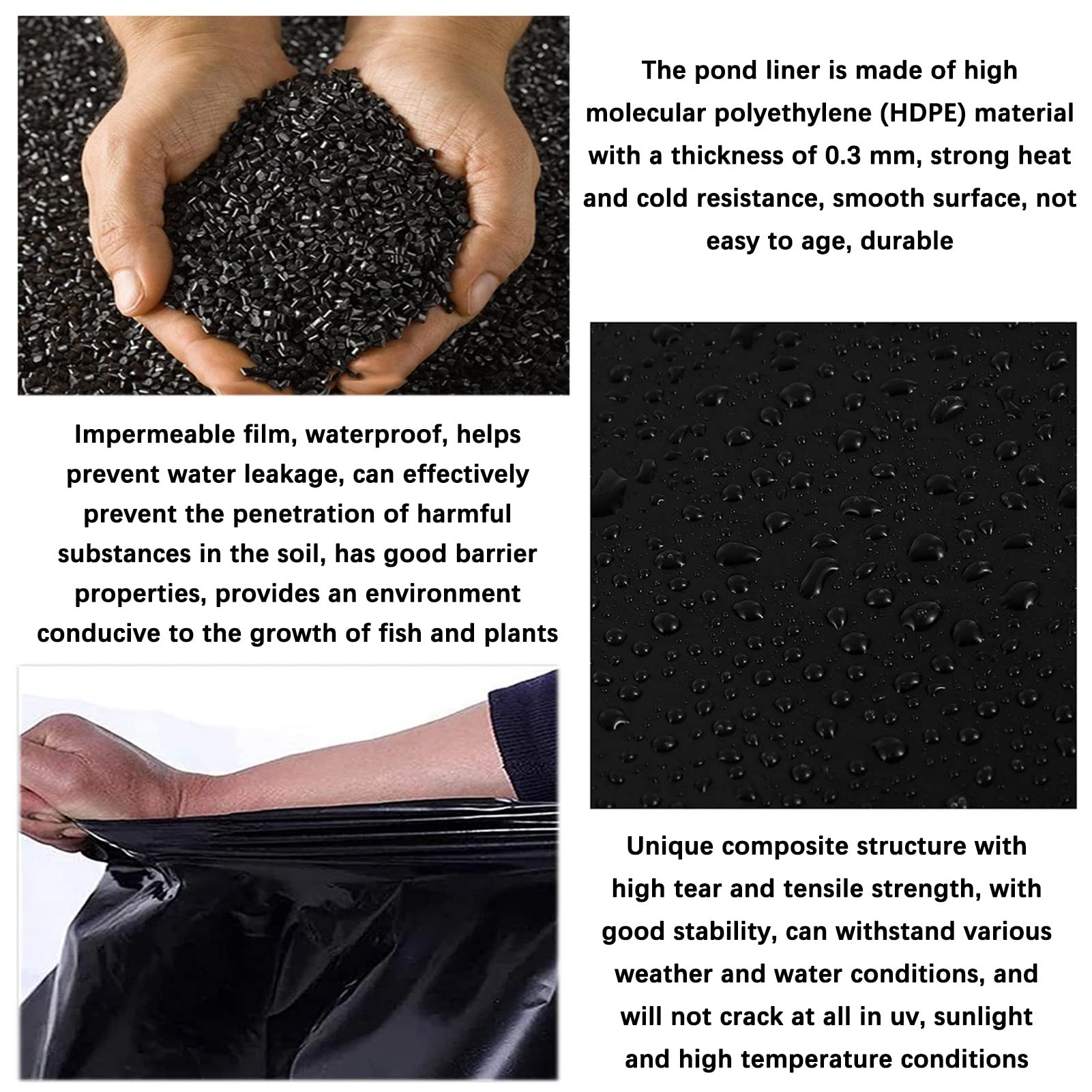 Rivestimento per laghetto – Membrana impermeabile flessibile in HDPE resistente da 0,3 mm per stagni di pesci, giardini acquatici, banchi di ruscelli e soluzioni paesaggistiche