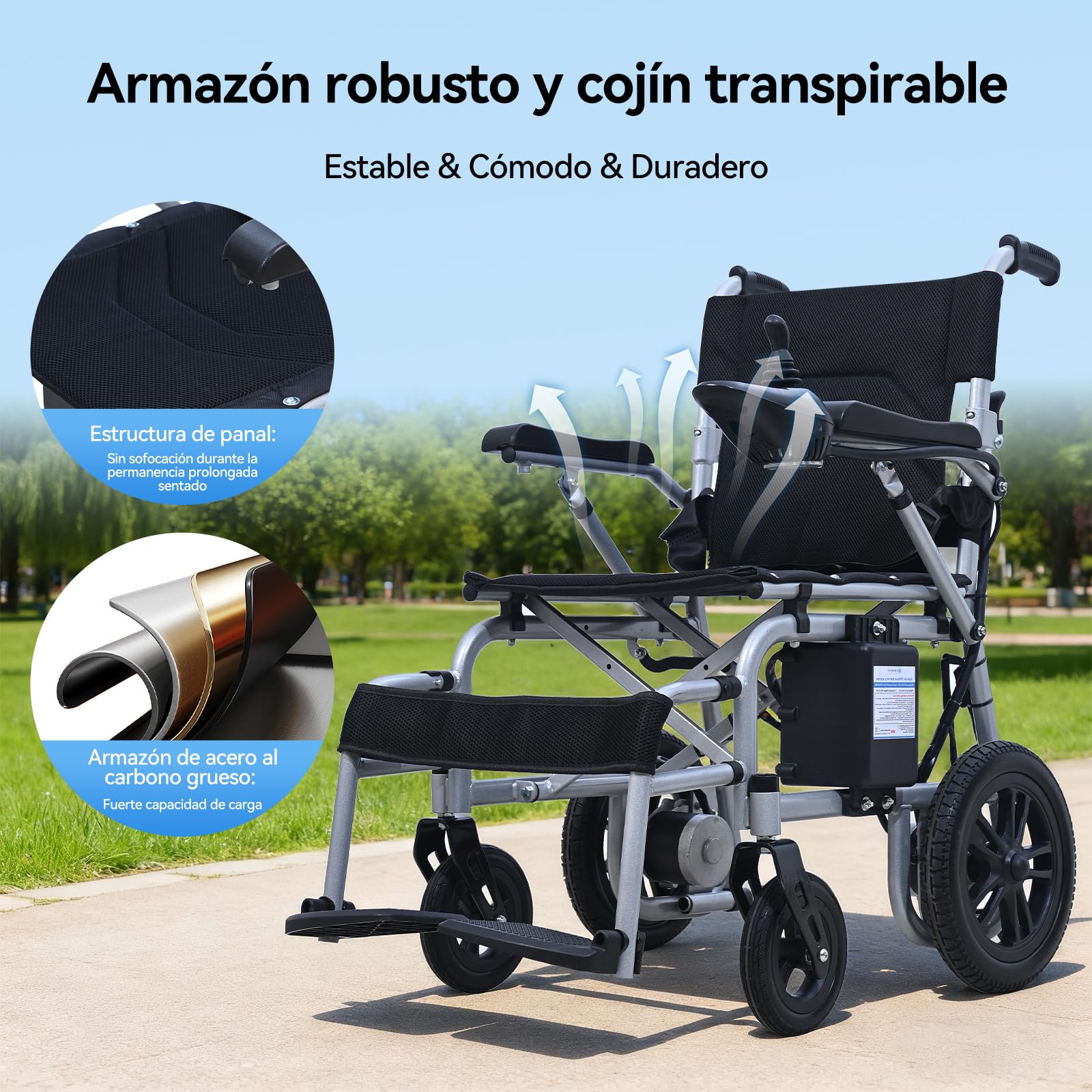 [Nuevo ] Silla de ruedas eléctrica plegable D12 para mayores, equipada con batería litio 12Ah, 20Km autonomía, neumáticos antipinchazos, estructura antivuelco, apta para transporte aéreo