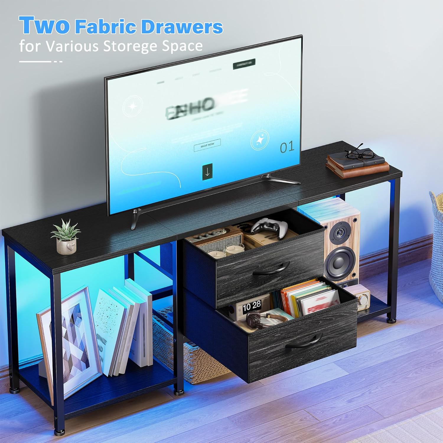 The TV stand with fabric drawers inserted and LED lights illuminating the open shelves.