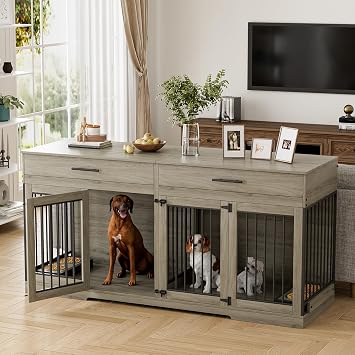 OUYESSIR 72" Double Dog Crate Furniture for Medium Large Dogs, Grey | With Removable Room Divider 2 Drawers Doors, Indoor Dog Kennel, for 2 Dogs, Wooden, Heavy Duty