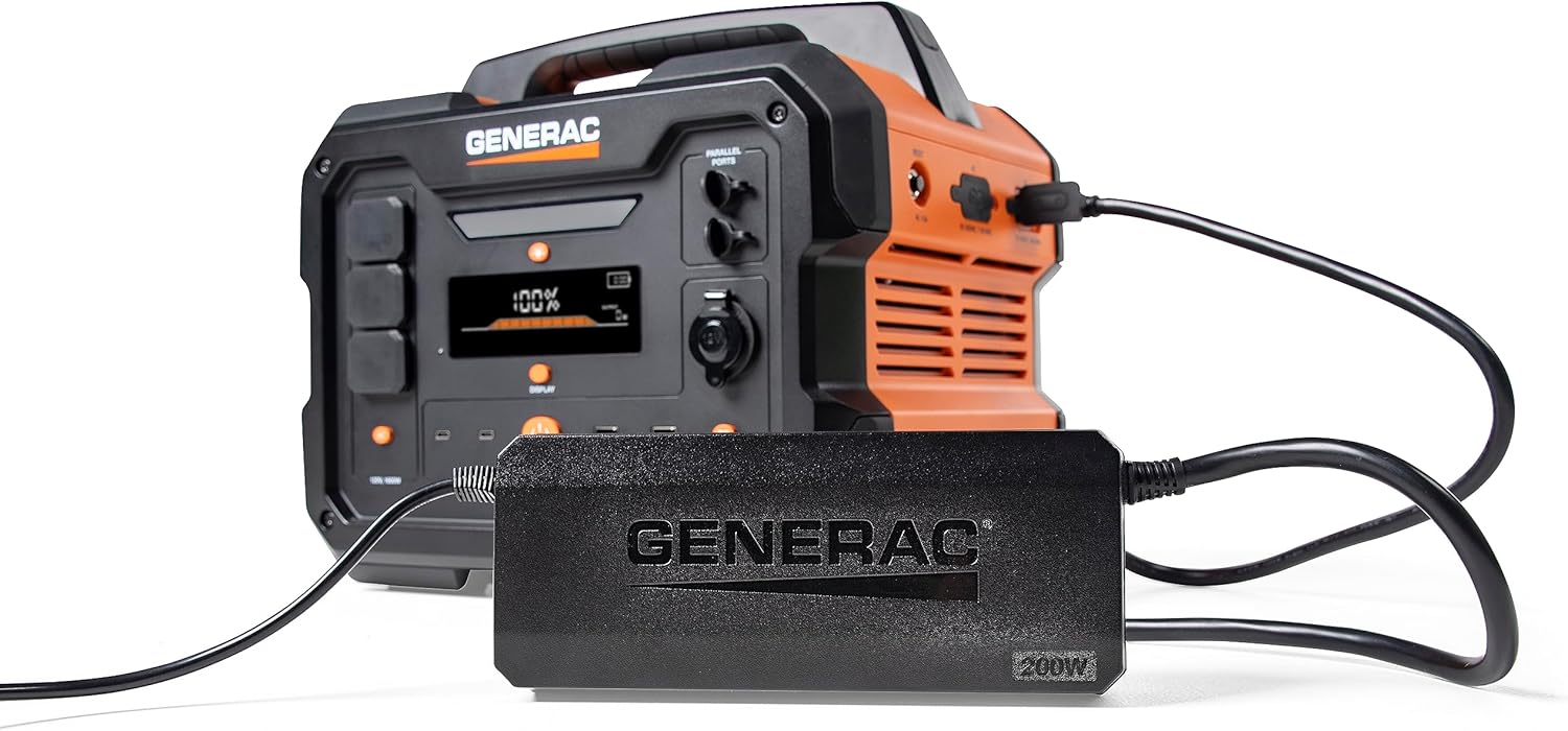 Generac GB2000 Portable Power Station connected to a Generac 8031 Charge Enhancer for faster charging.