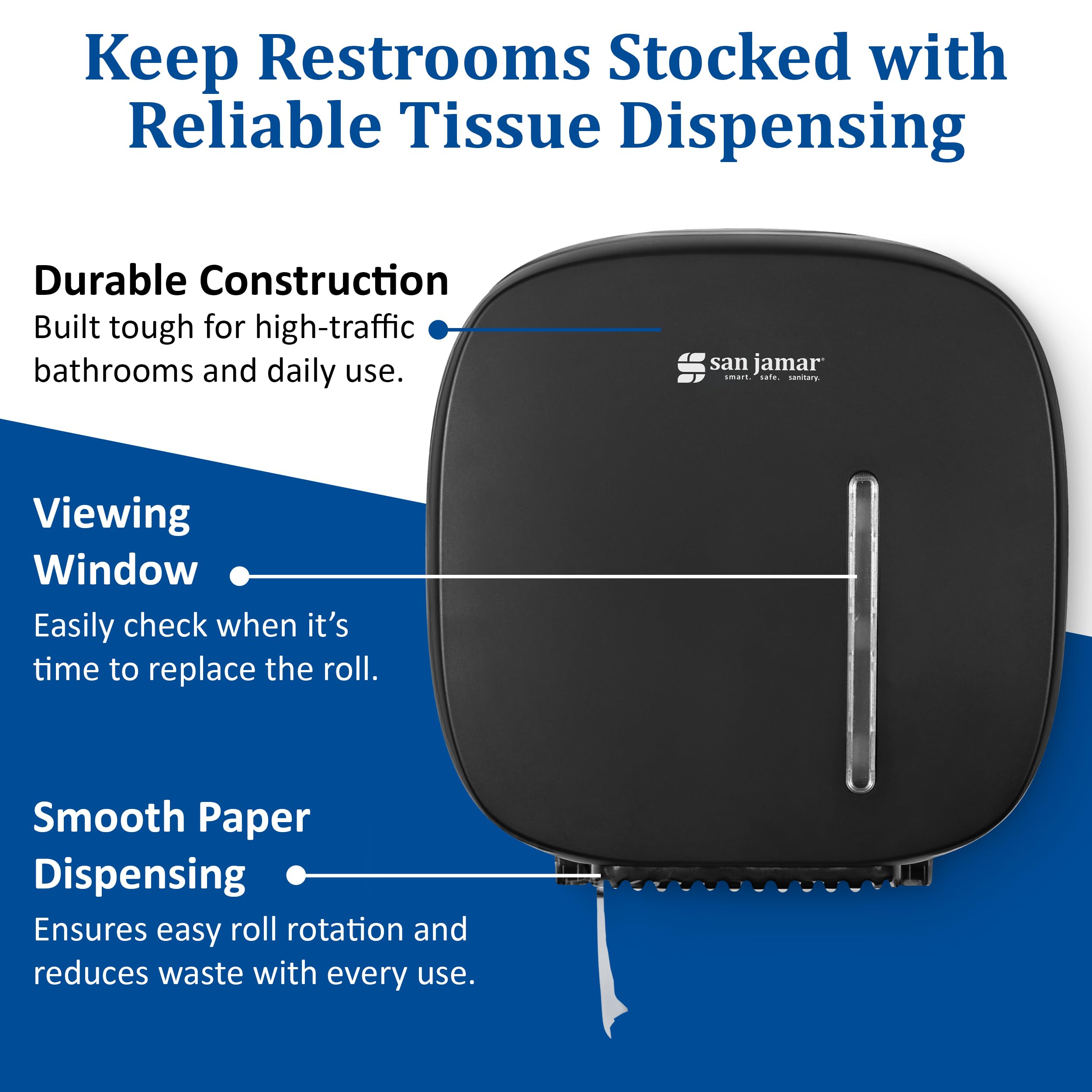 San Jamar Dispensador de pañuelos Jumbo, Soporte para Rollo Individual con Capacidad de Rollo de 9 Pulgadas, construcción Duradera con Ventana de visualización para baños y baños comerciales, Color