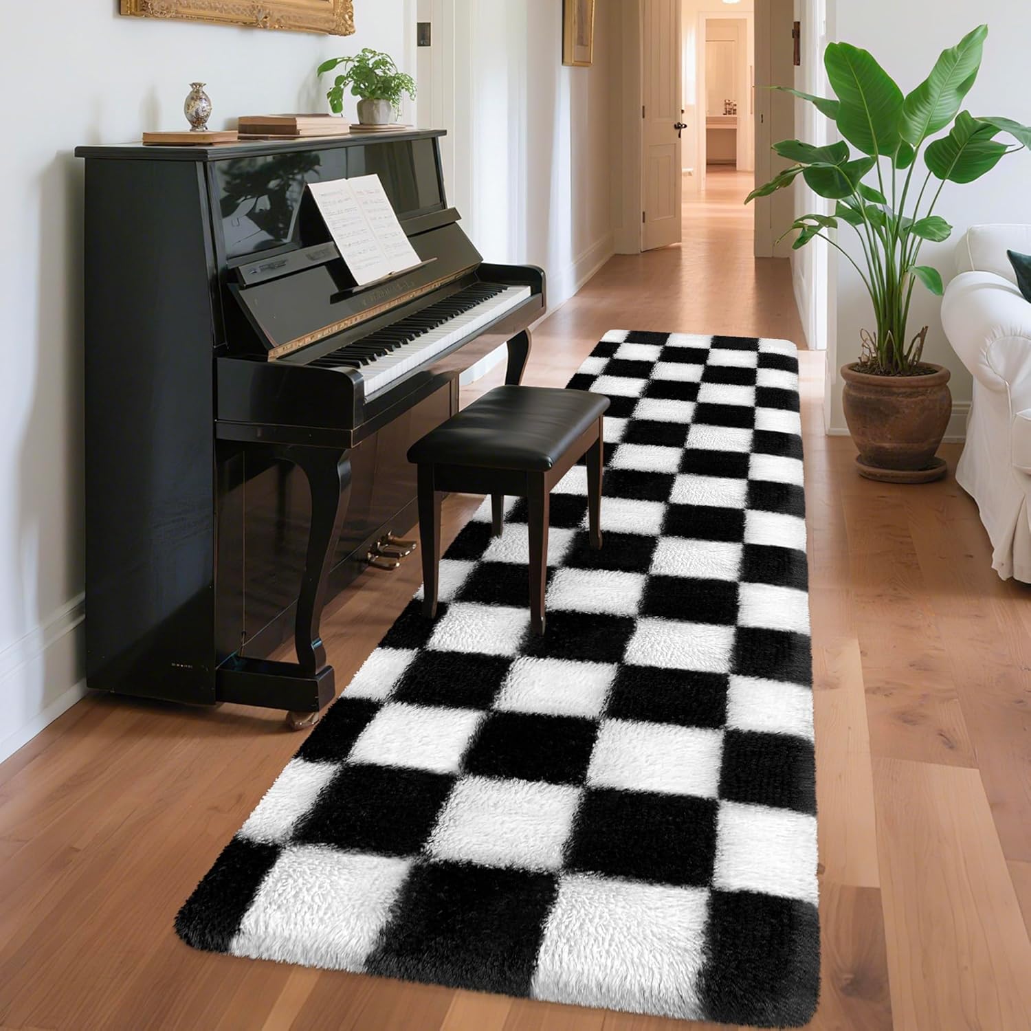 Black and White Checkered Runner Rug 2x8 Ft Washable Shaggy Fluffy Rug for Bedroom Living Room Plaid Runner Rug Fuzzy Shag Carpet Non Slip for Bedside Hallway Sofa Home Dorm