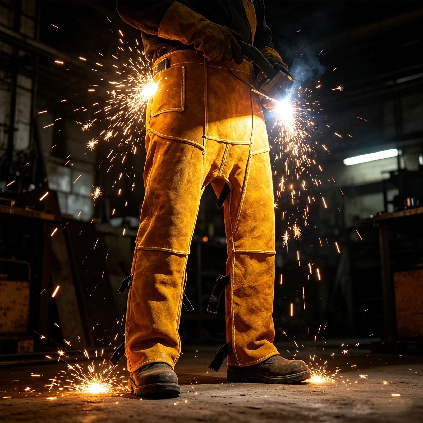 verbessert Schweißerhosen aus Leder mit flammhemmendem Schutz für Metallbearbeitung und Bauwesen