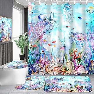 4 Pcs Blue Ocean Seaworld Shower Curtain Bathroom Set with Rugs