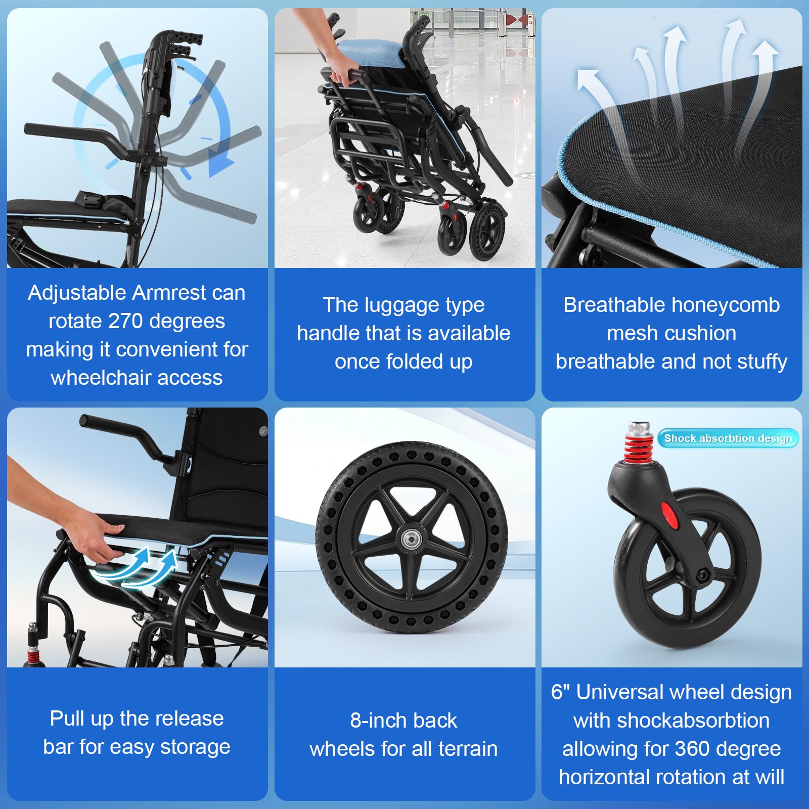 Fauteuil Roulant pliable léger, avec manche télescopique, Hauteur réglable,Poids 11kg, pliable, Holds 100kg, Largeur Max 55cm étroit pour les personnes âgées, Voyage