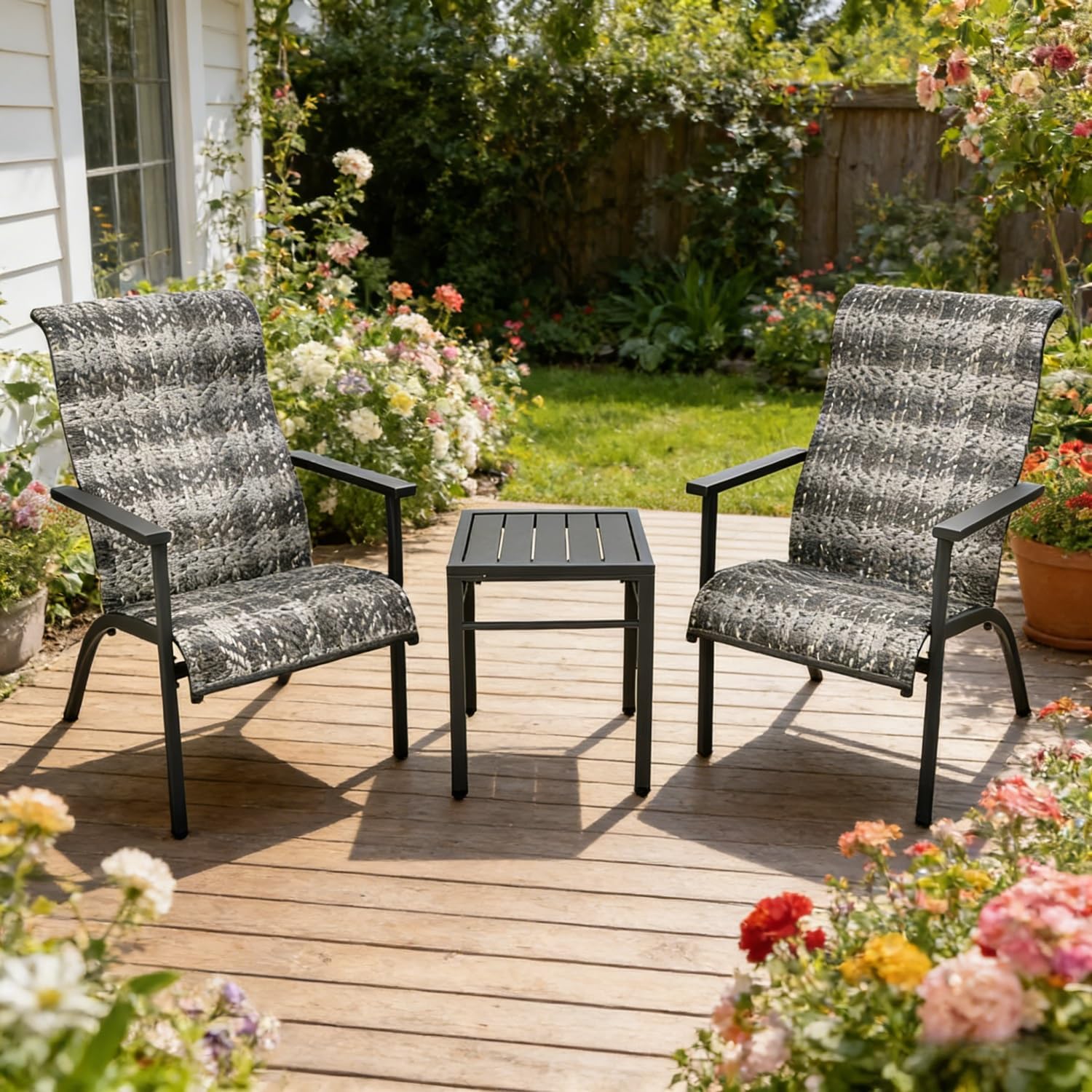 3-Piece High Back Patio Set, Wicker Bistro Chairs with Metal Side Table, 330lbs Capacity Outdoor Furniture for Porch(Gray)