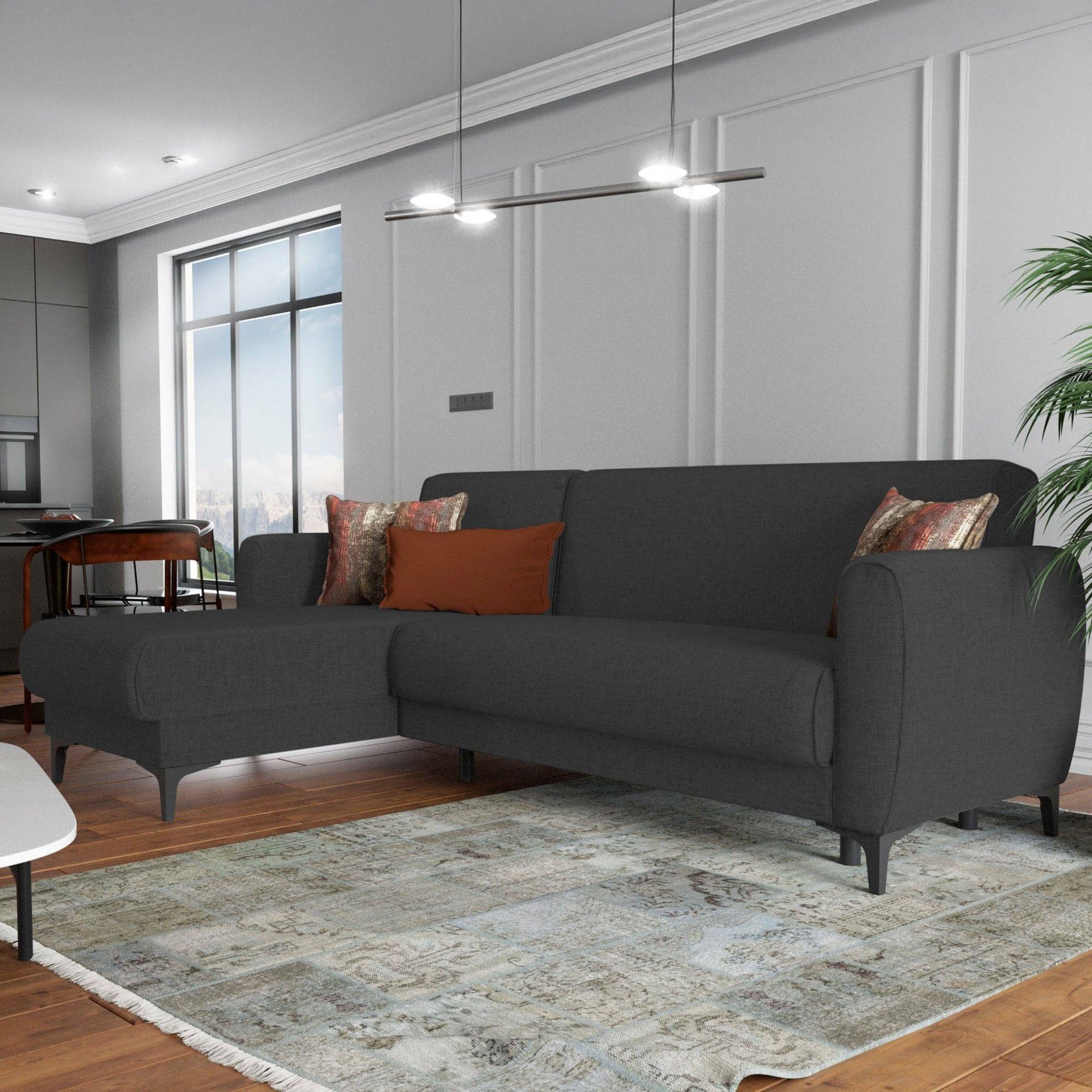 Dmora - Divano Letto con penisola Angel, Divano ad Angolo Reversibile, Sofà Contenitore Moderno con Chaise Longue e 3 Cuscini, 230x153h85 cm, Antracite
