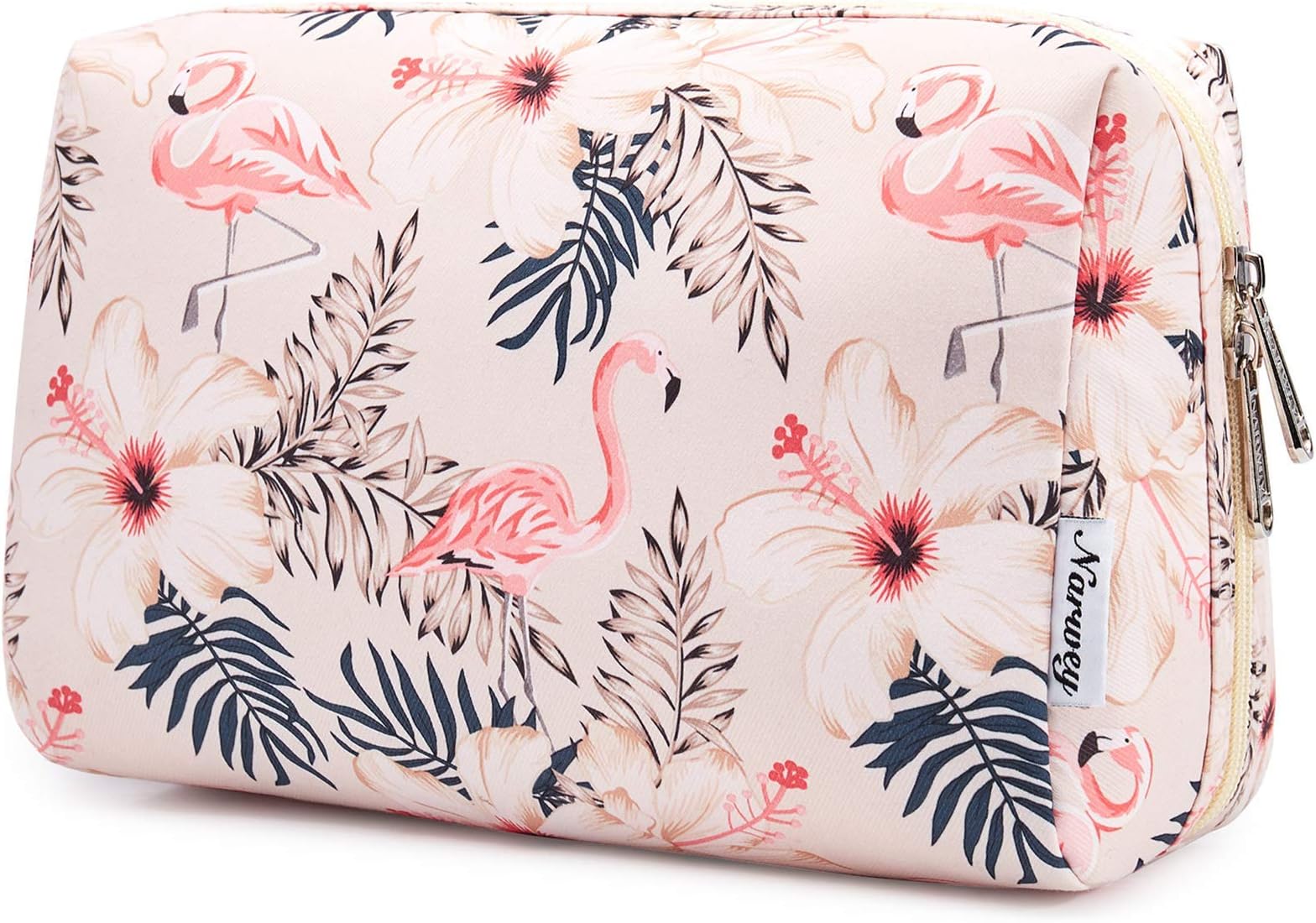 Large Makeup Bag Zipper Pouch Travel Cosmetic Organizer for Women (Beige Flamingo, Large)