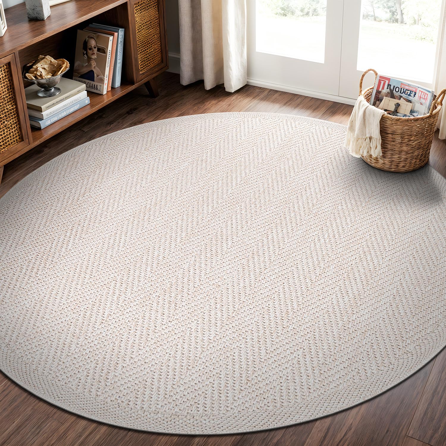 CAMILSON Easy Jute Round Rug 4ft Indoor Outdoor Off-White Color Fiber Area Rugs for Living Room and Patio Rug Herringbone Boho Woven Design