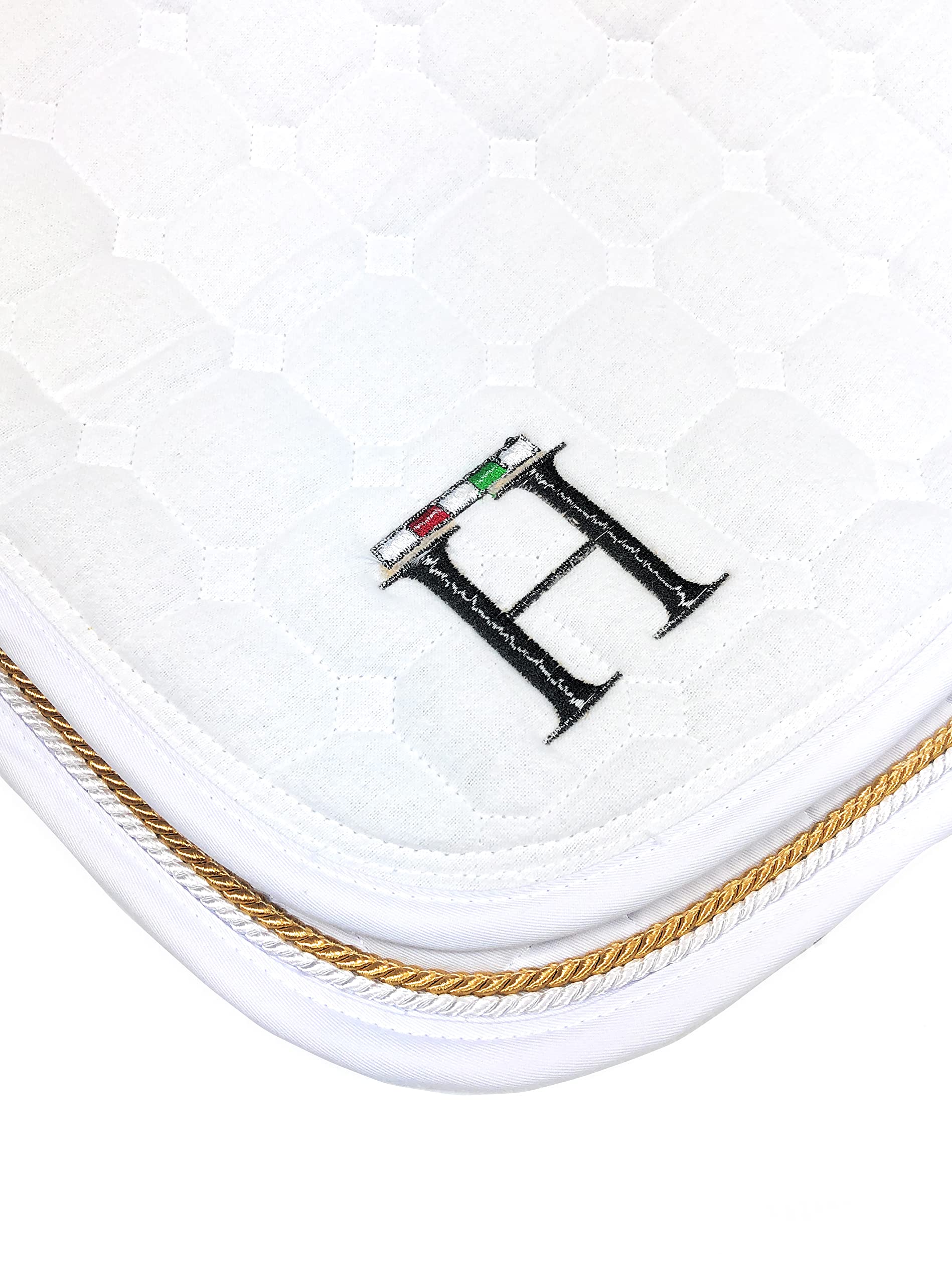 Horses, Mantilla para Caballos Ideal para Salto Ecuestre 100% Algodón, Cierre de Velcro, Ribete Trenzado, Antichoque (blanco/oro frío)