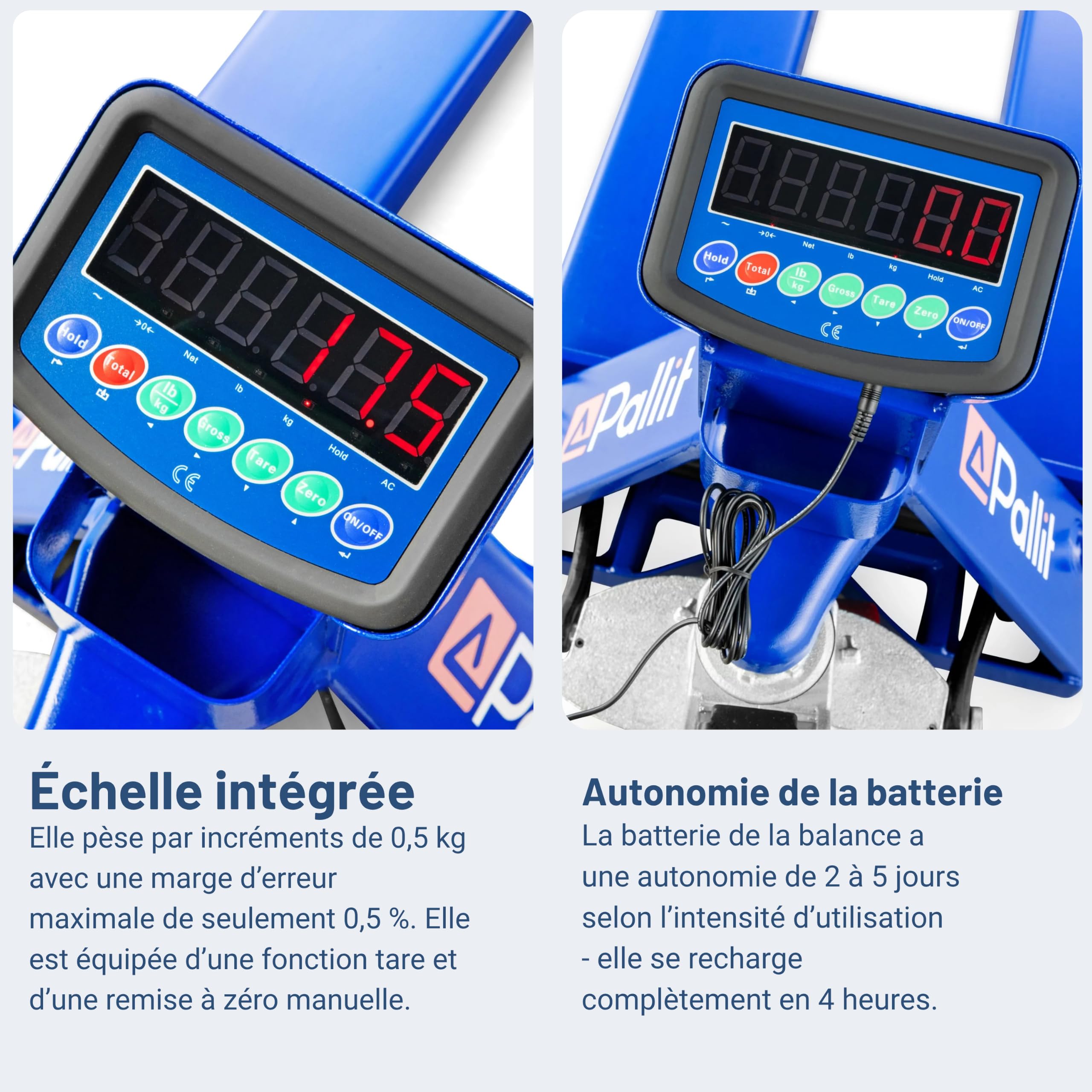 Pallit Transpalette Peseur Scale+ - 2500 kg, Pas 0,5 kg, Fourches 1150 mm | Balance numerique precision 1% pour pesage direct de palette, roues PU silencieuses et timon ergonomique haute capacite