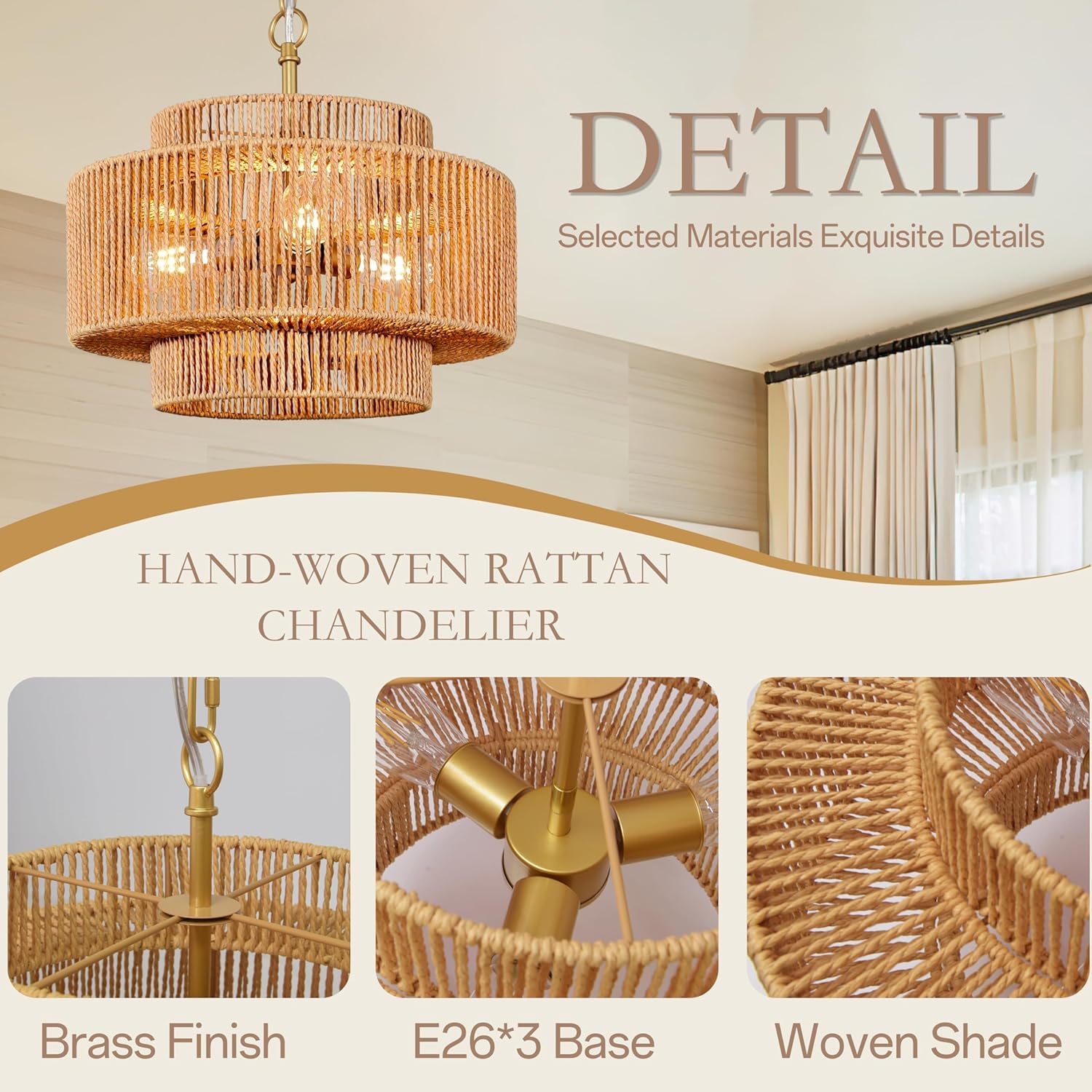 18" Rattan Pendant Lights Gold Woven Pendant Light 3-Light Boho Chandelier Light Fixture 3-Tier Wicker Pendant Light Rustic Light Fixtures Hand-Woven Rattan Chandelier for Dining Room