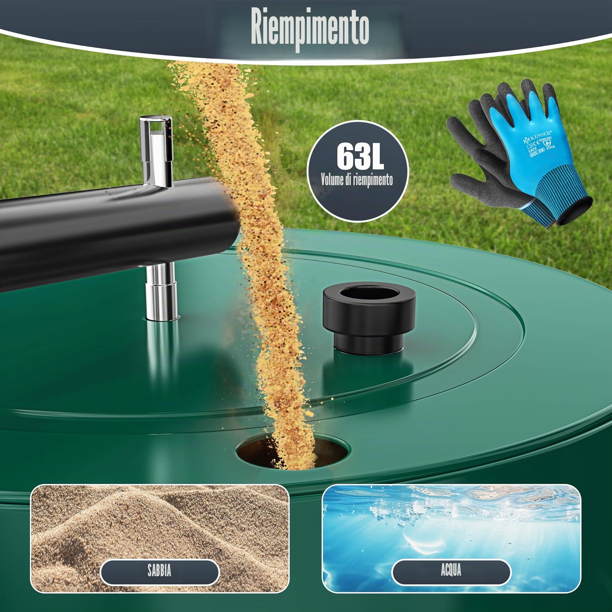 KESSER® Rullo per prato in metallo, riempibile con acqua o sabbia, con 63 litri di volume e 99 cm di larghezza, rullo da giardino con guanti, rullo manuale per prato, rullo da agricoltura, colore