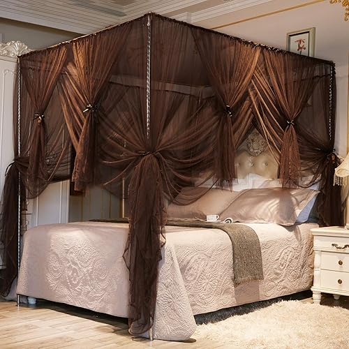 Nattey 4 Corners Post Canopy Bed Curtain for Girls Boys & Adults Gift - 4 Opening Mosquito Net- Bedroom Decoration (Queen, Coffee)