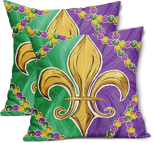 Kawani Juego de 2 fundas de almohada de Mardi Gras de 18 x 18 pulgadas, con cuentas de flor de lis, decorativas, cuadradas, decoración del hogar,